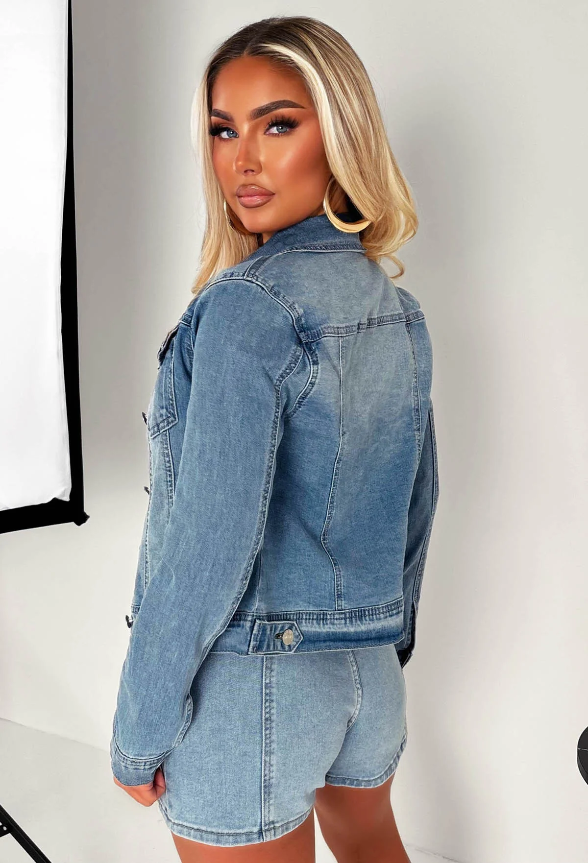 Not My Problem Light Blue Stretch Fitted Denim Jacket - Image 3