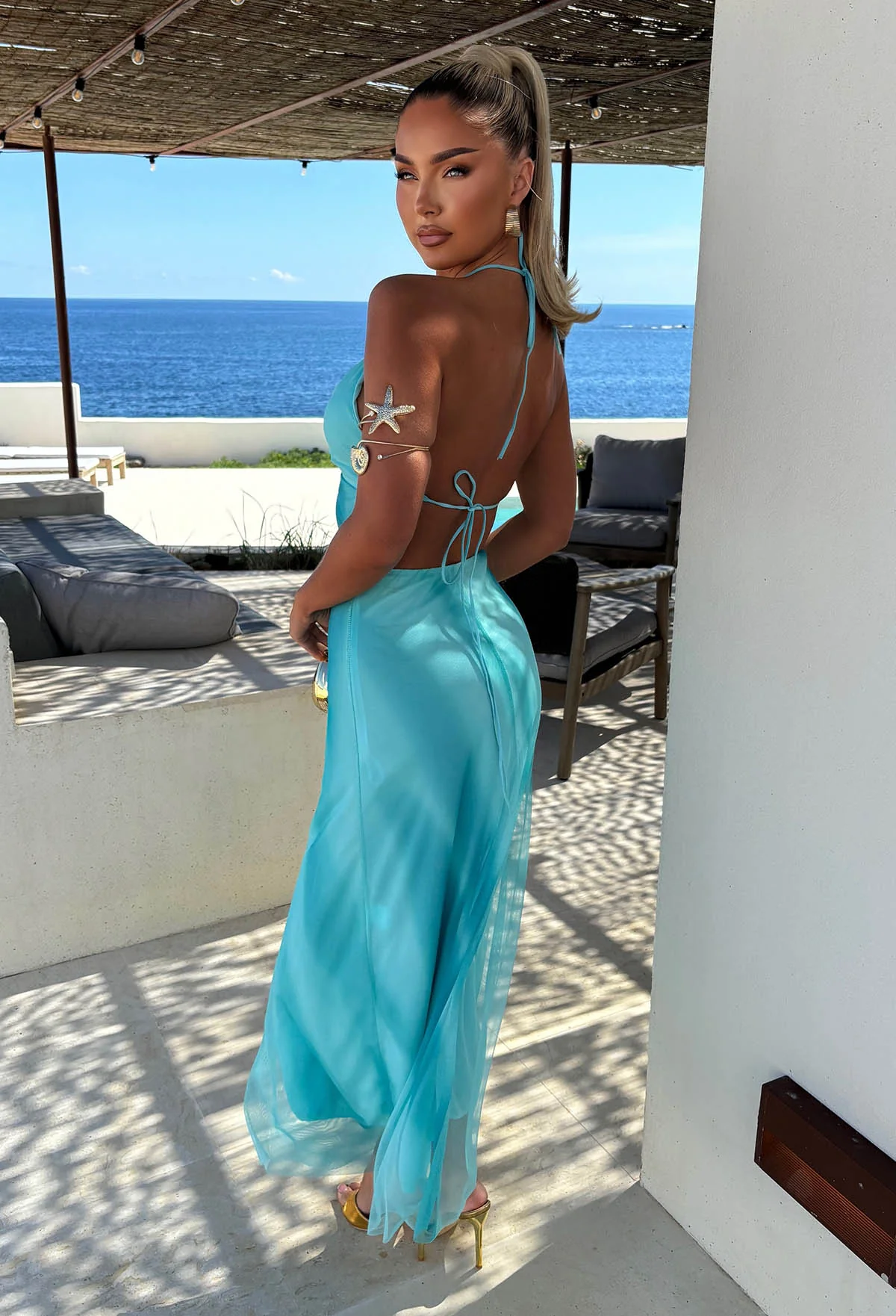 Ocean Beach Babe Blue Halter Neck Mesh Maxi Dress - Image 4