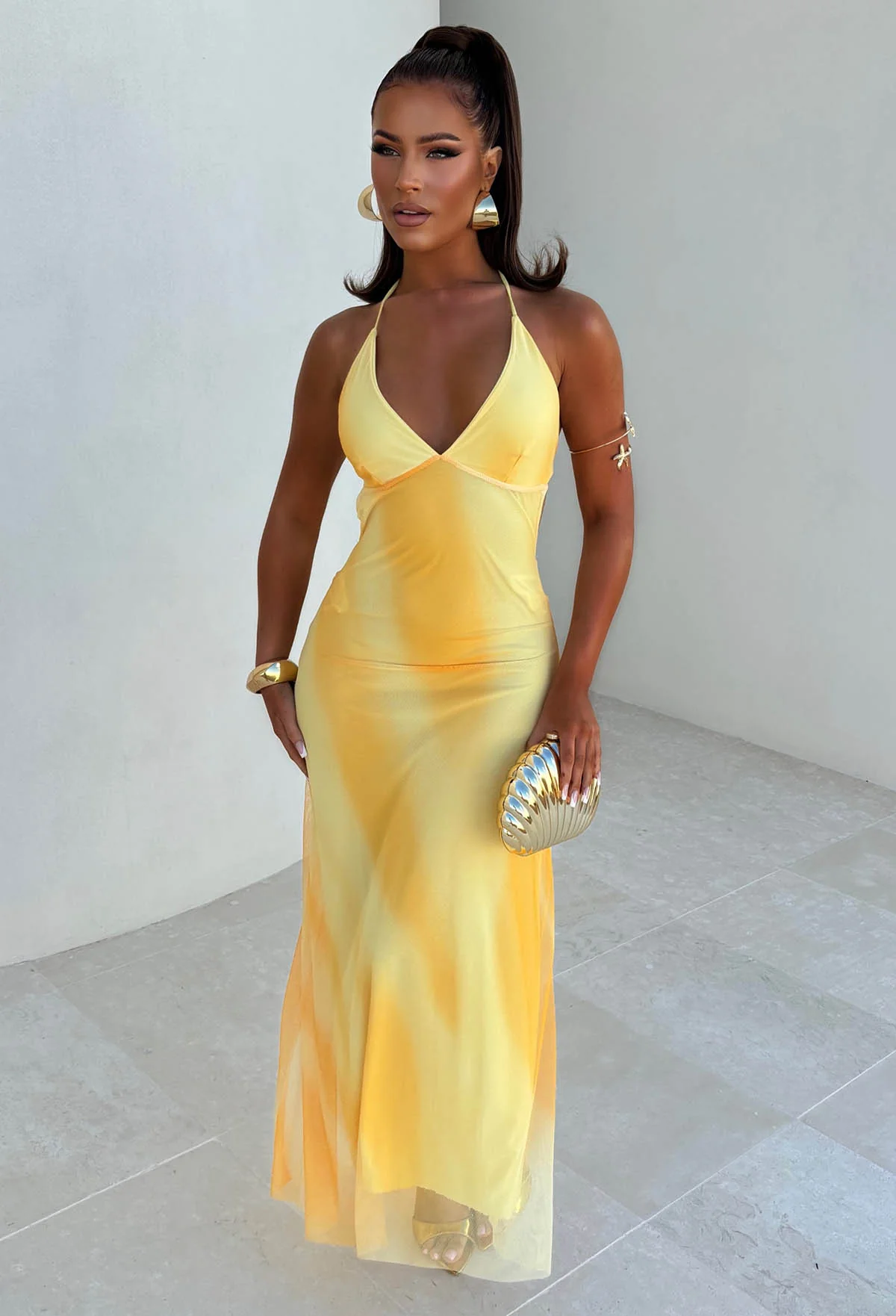 Ocean Beach Babe Yellow Halter Neck Print Mesh Maxi Dress - Image 2