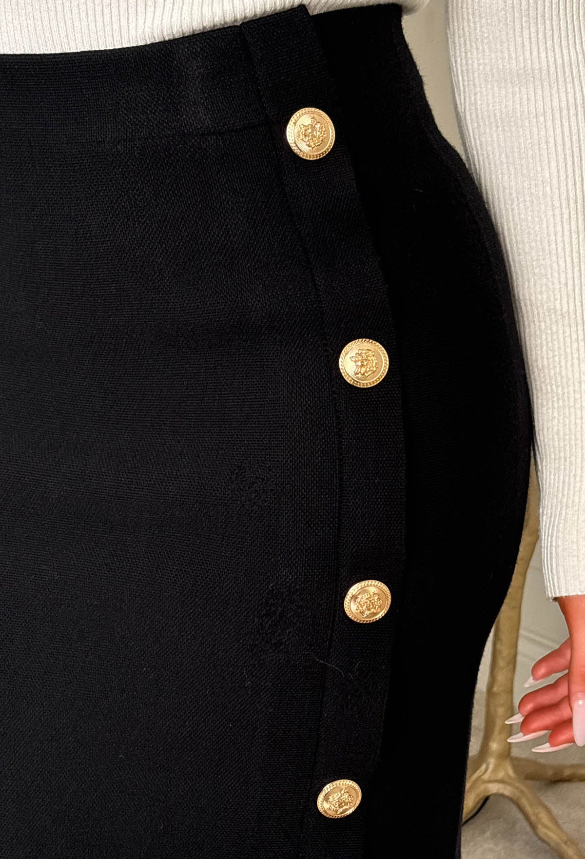 Office Baddie Black Gold Button Detail Knitted Midi Skirt - Image 3