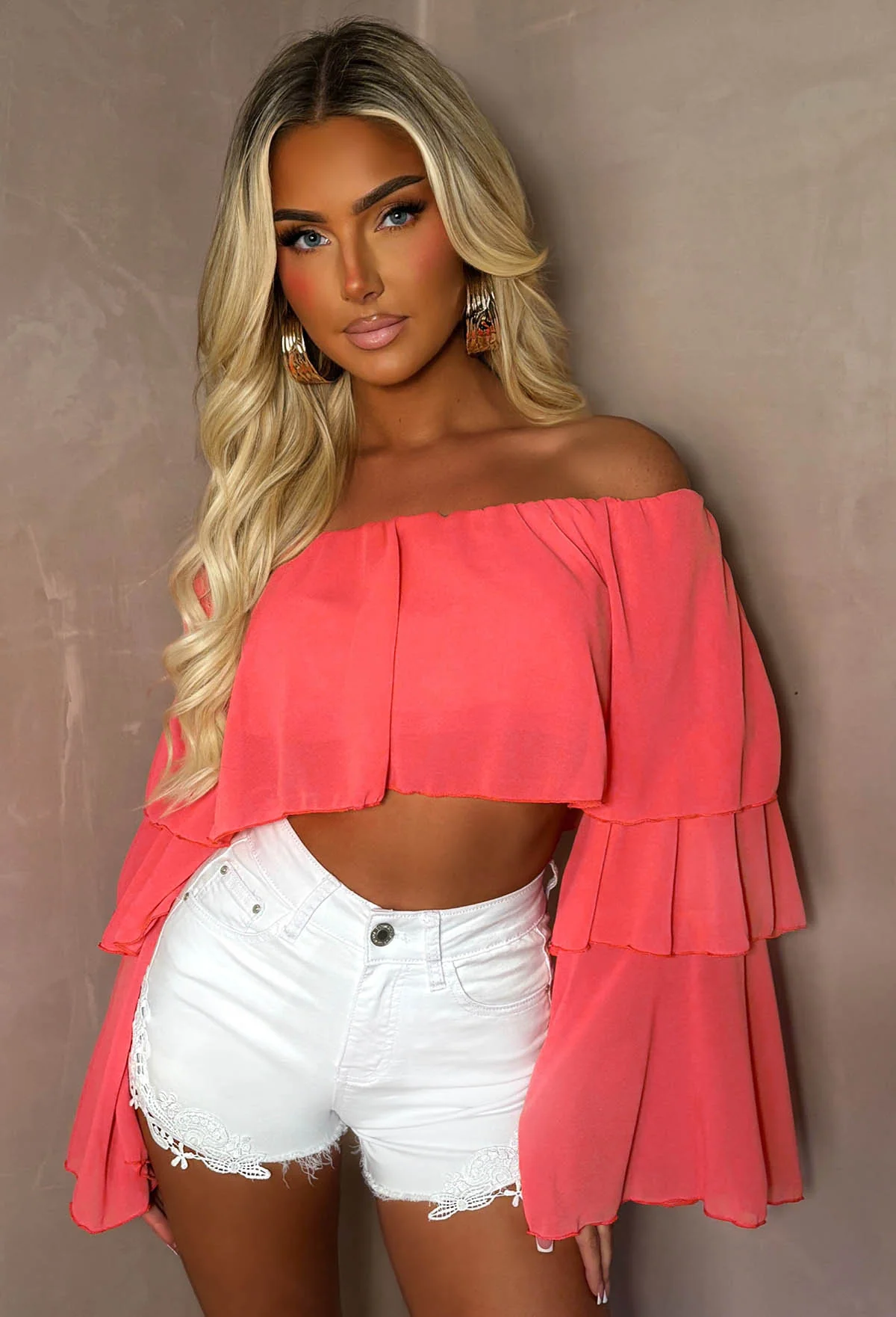 Oh My Love Coral Bardot Ruffle Crop Top