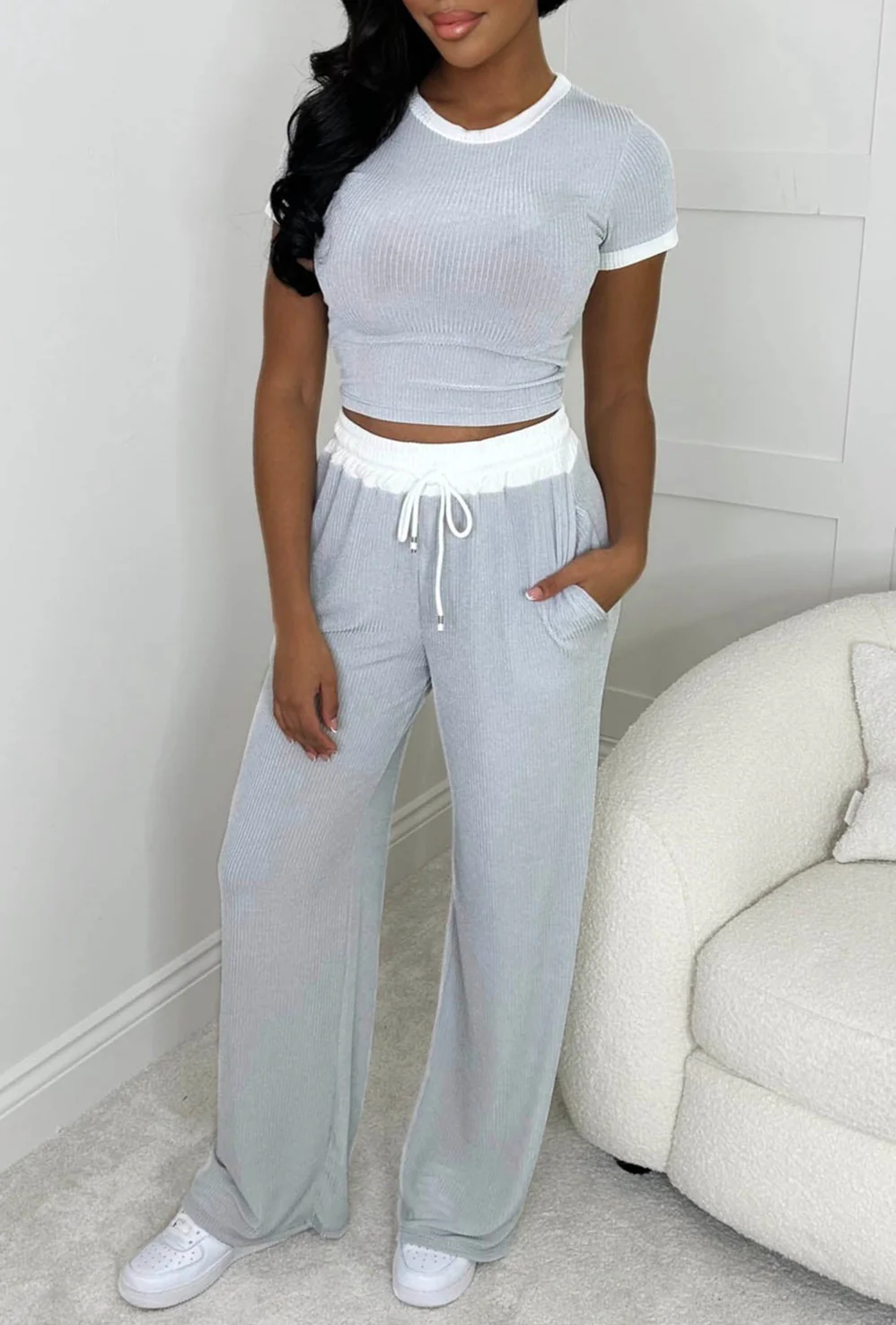One Time Thing Grey Contrast Ultra Soft Ribbed Loungewear Set - Image 2