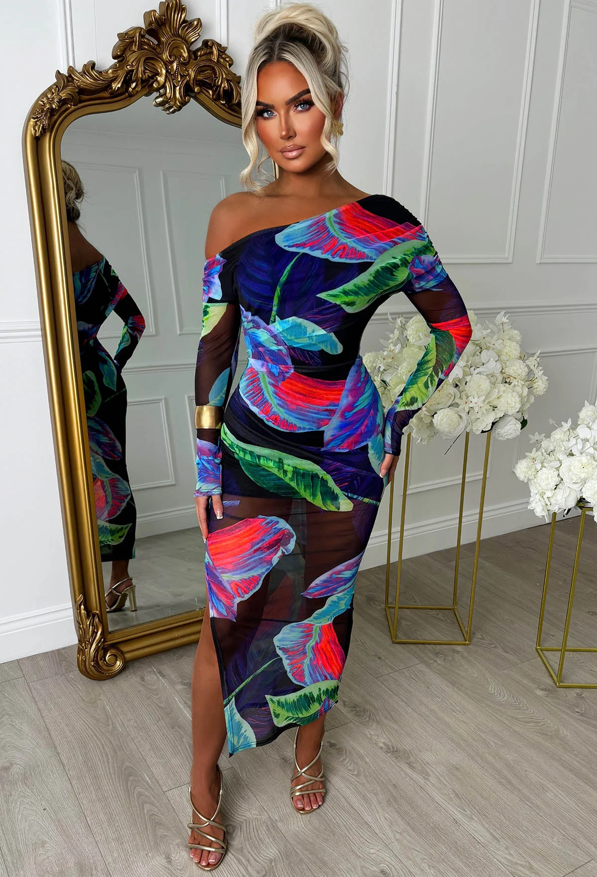 Palm Print Princess Navy Off Shoulder Long Sleeve Mesh Maxi Dress - Image 4
