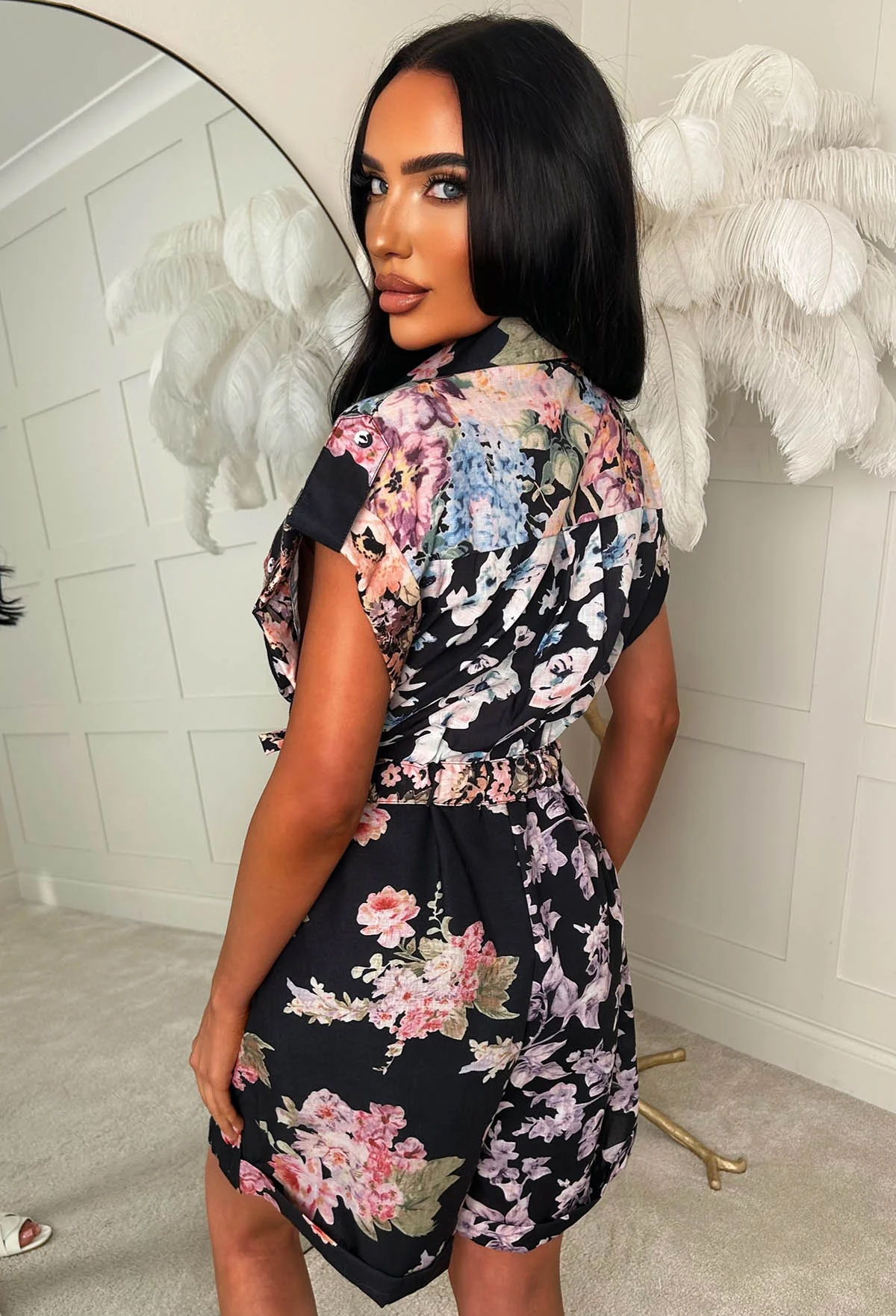 Petal Princess Black Floral Short Sleeve Playsuit - Image 2