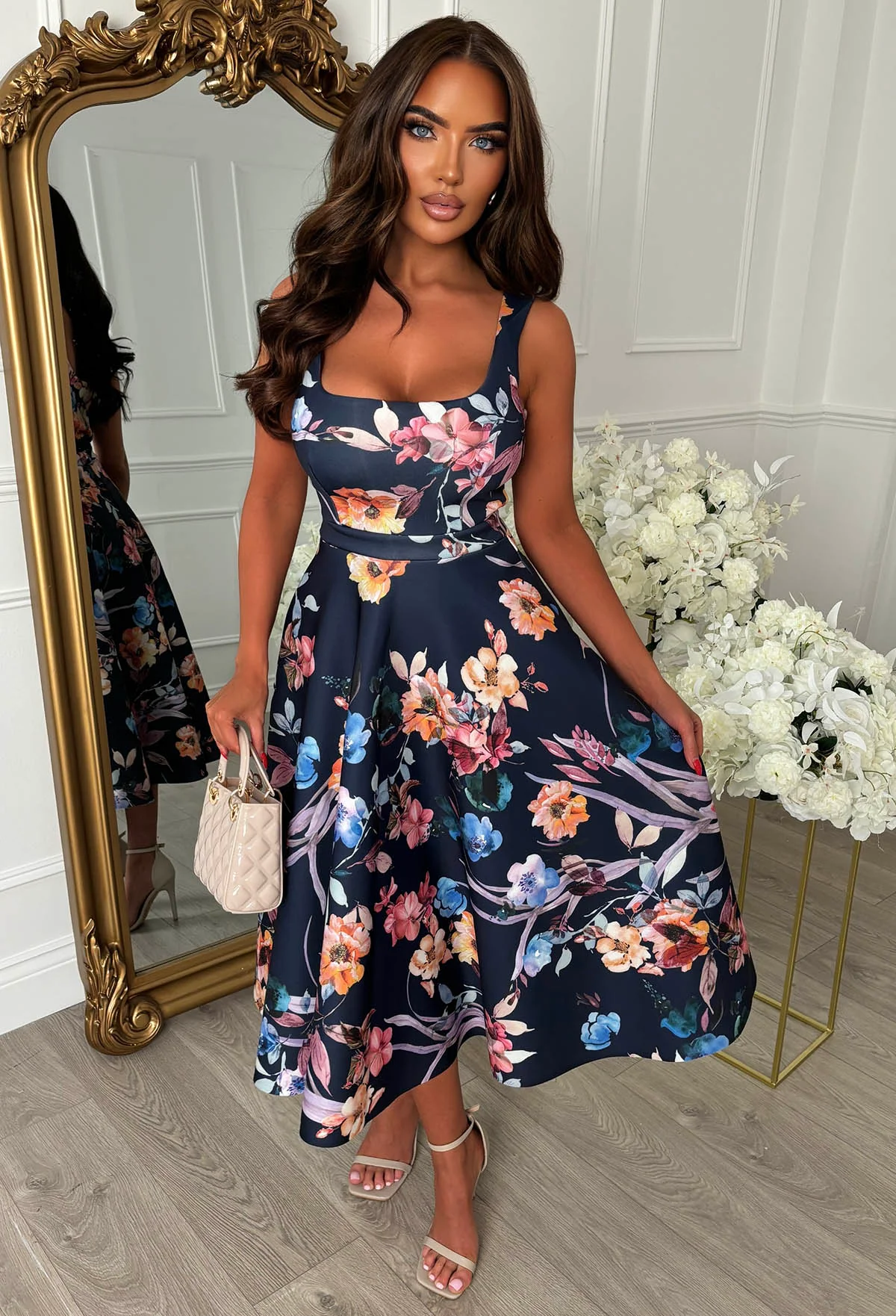 Petal Whisper Dark Blue Pretty Floral Flared Skirt Midi Dress