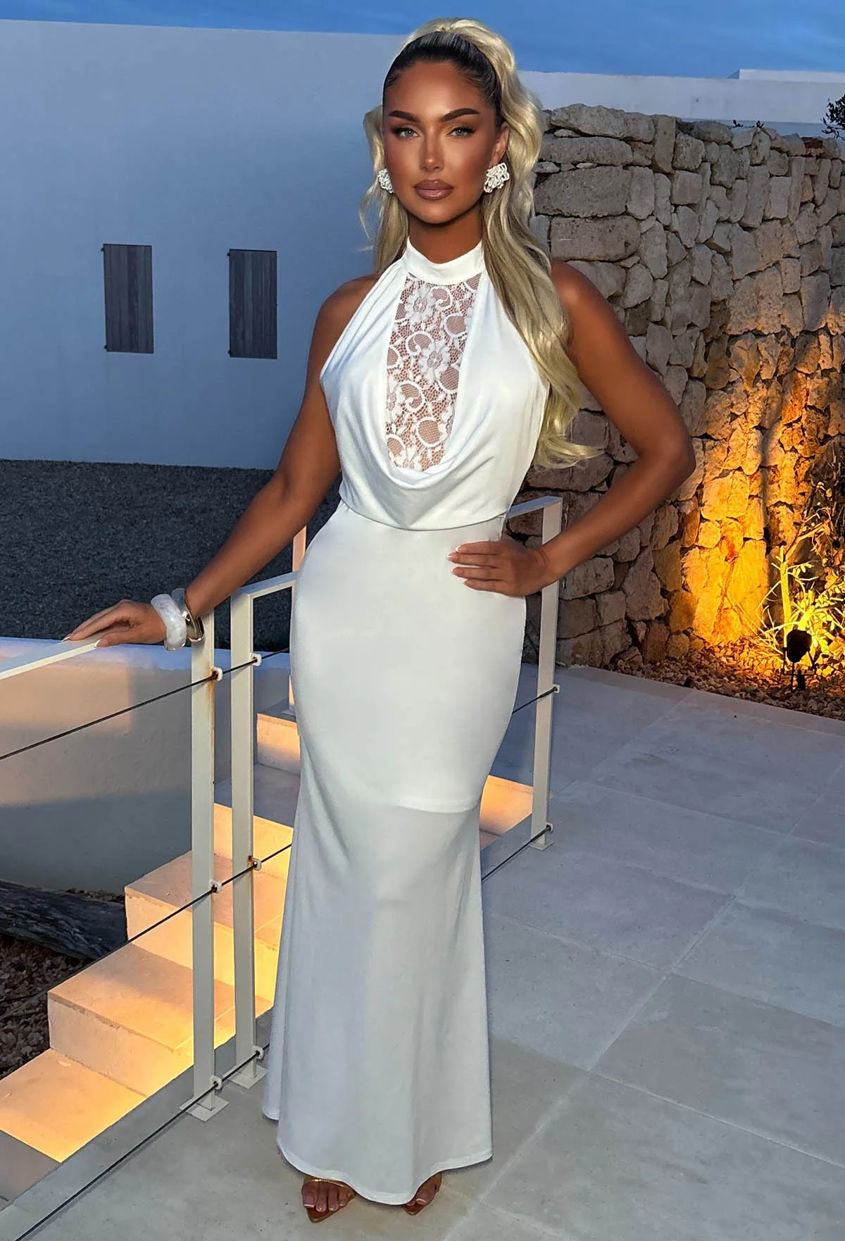 Play With Fire White Lace Cowl Maxi Dress