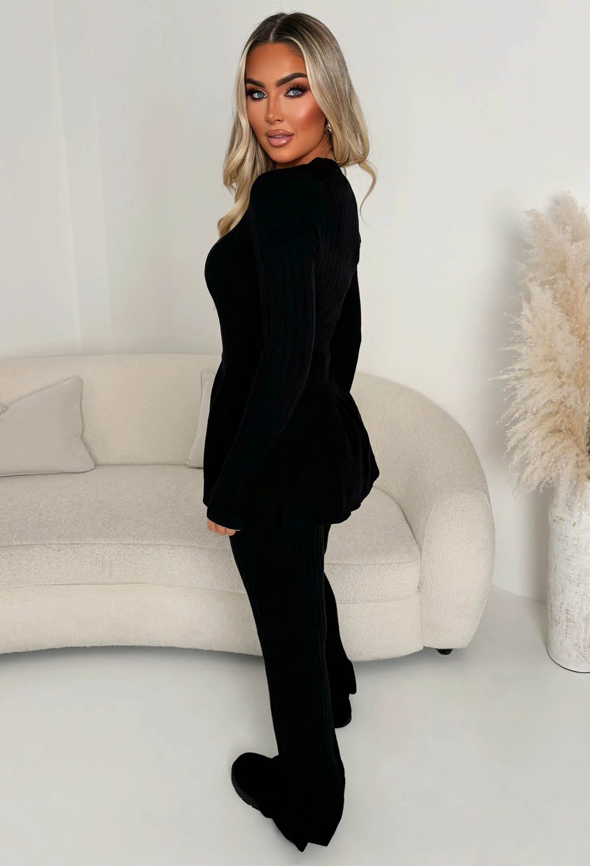 Posed & Pretty Black Peplum Knitted Lounge Co-ord Set - Image 4