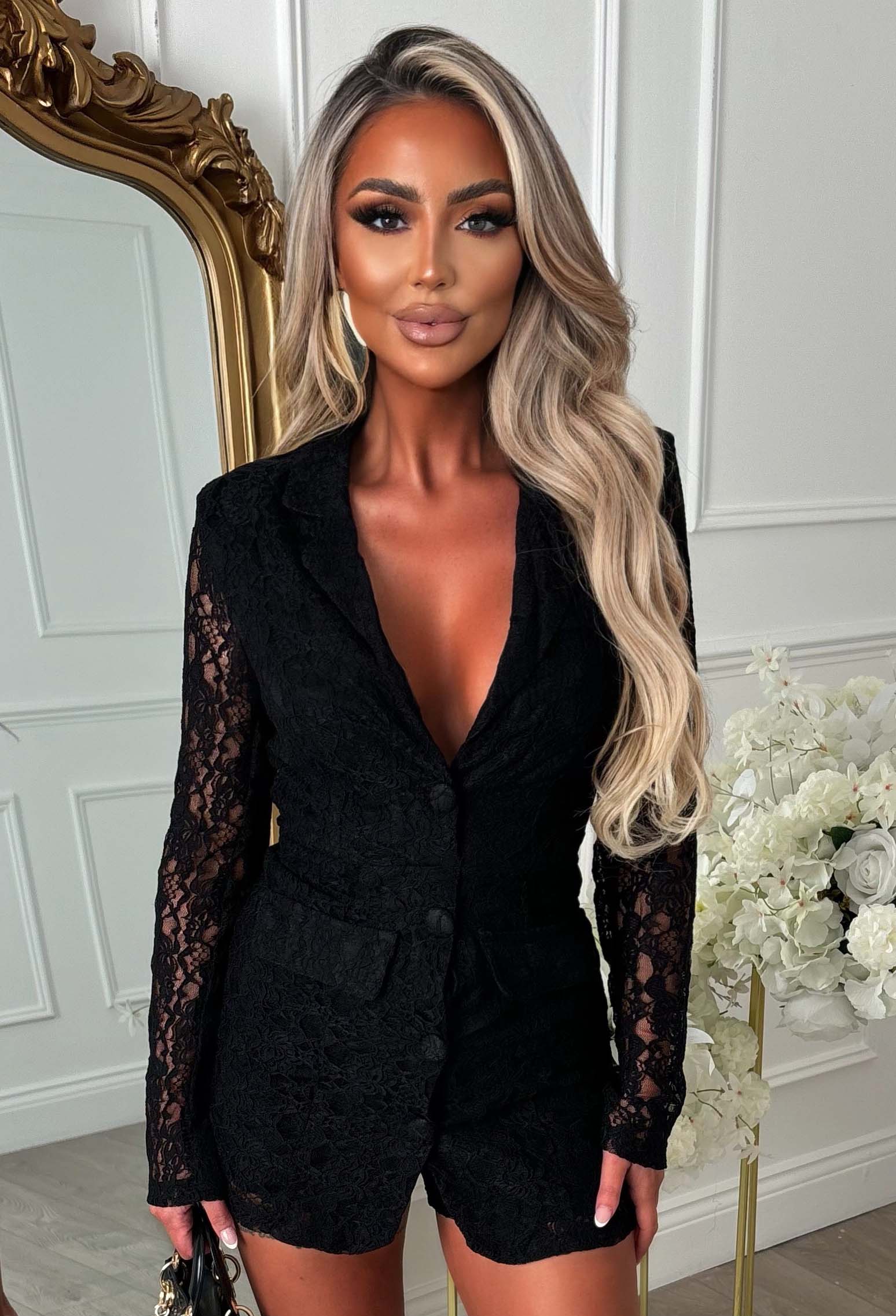 Power Drama Black Lace Long Sleeved Playsuit - Image 3