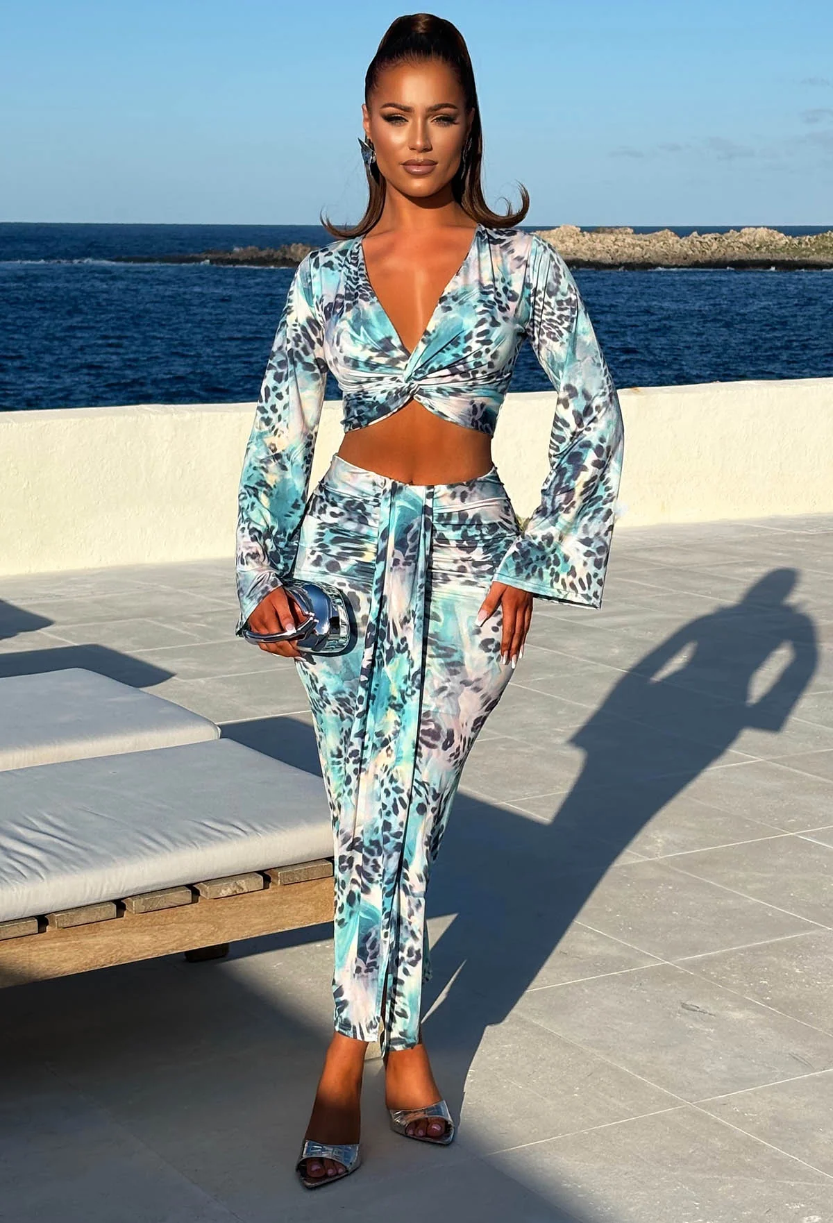 Pretty Gal Blue Leopard Print Knot Front Top & Skirt Co-Ord Set