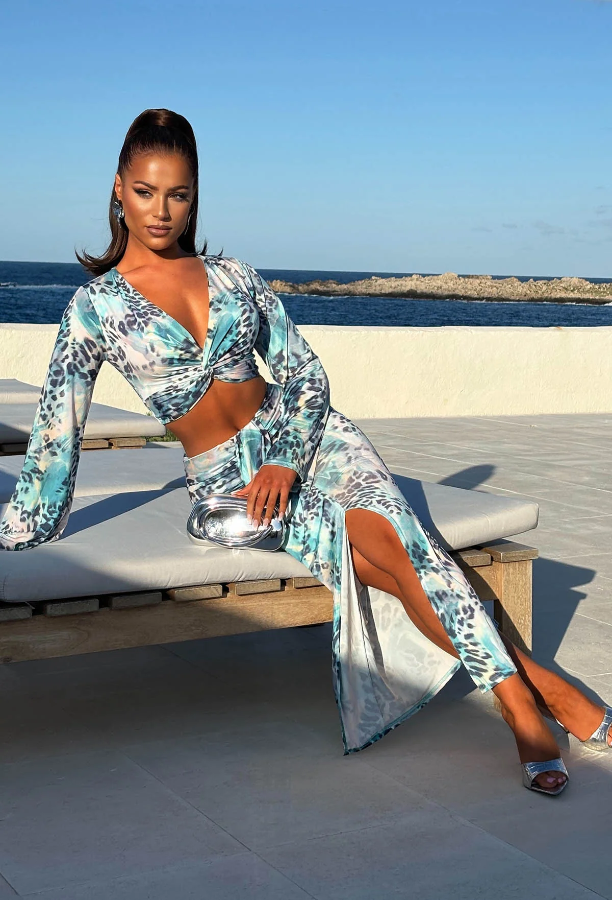 Pretty Gal Blue Leopard Print Knot Front Top & Skirt Co-Ord Set - Image 4