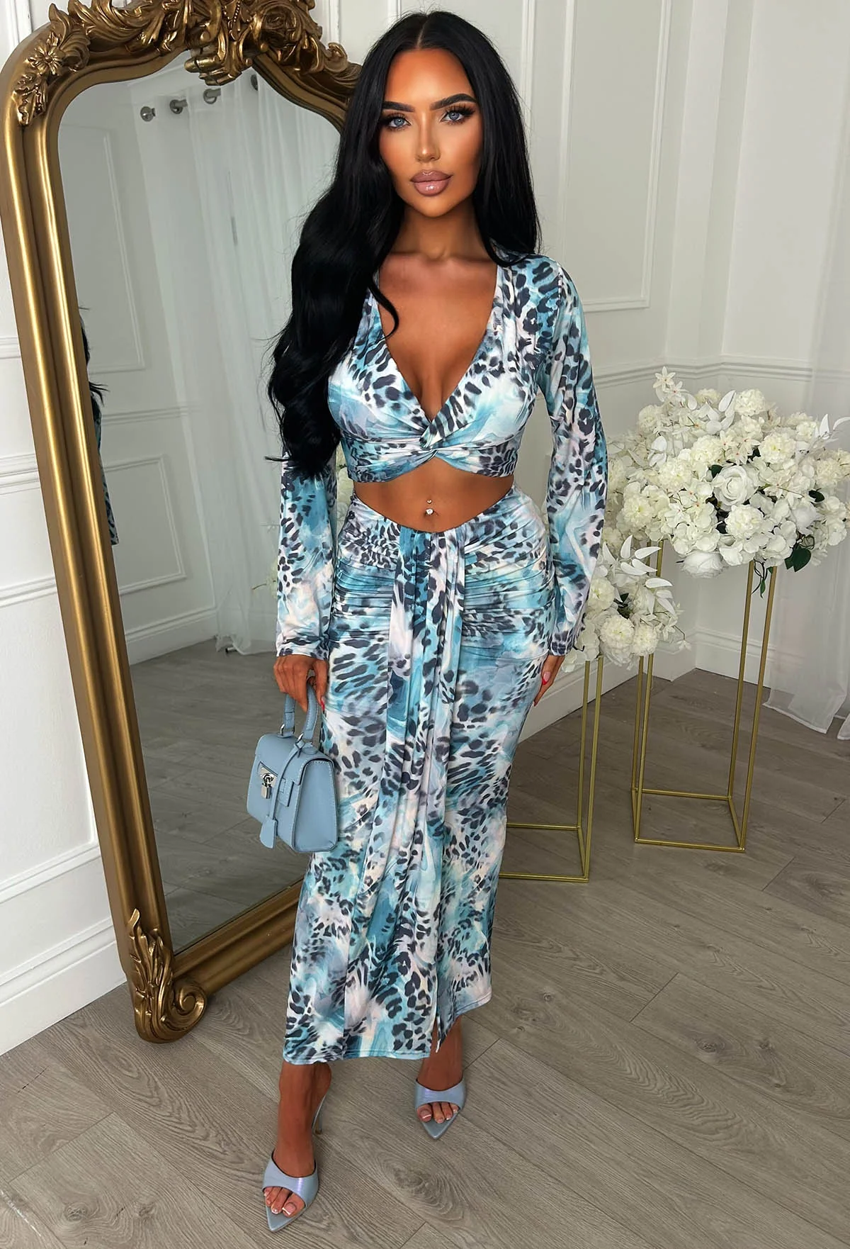 Pretty Gal Blue Leopard Print Knot Front Top & Skirt Co-Ord Set - Image 5