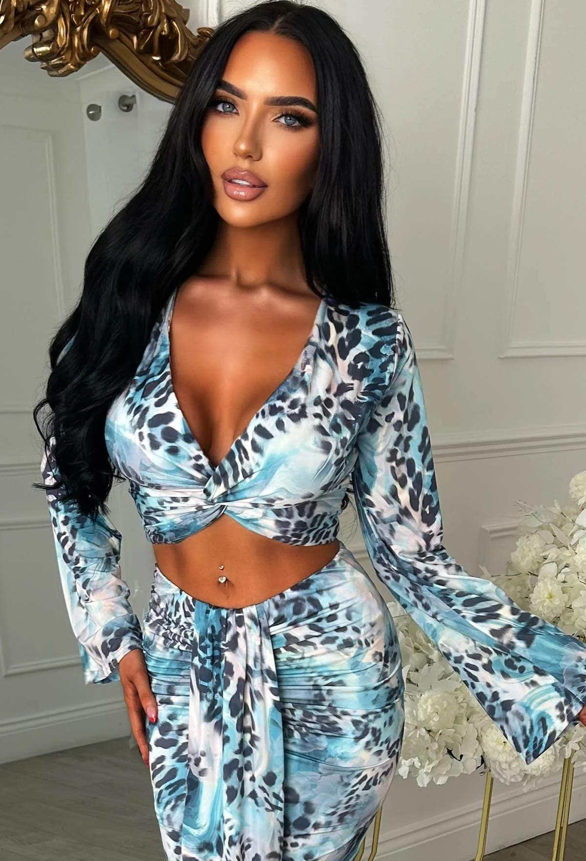 Pretty Gal Blue Leopard Print Knot Front Top & Skirt Co-Ord Set - Image 7