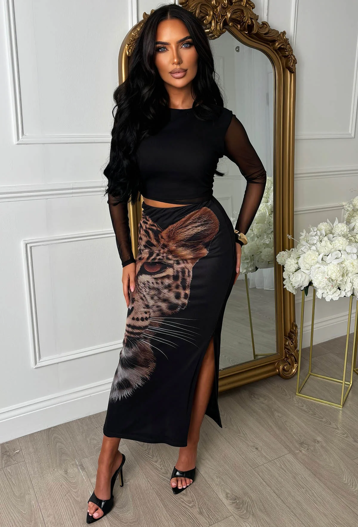 Primal Secrets Black Leopard Detail Mesh Skirt Co-Ord Set - Image 2