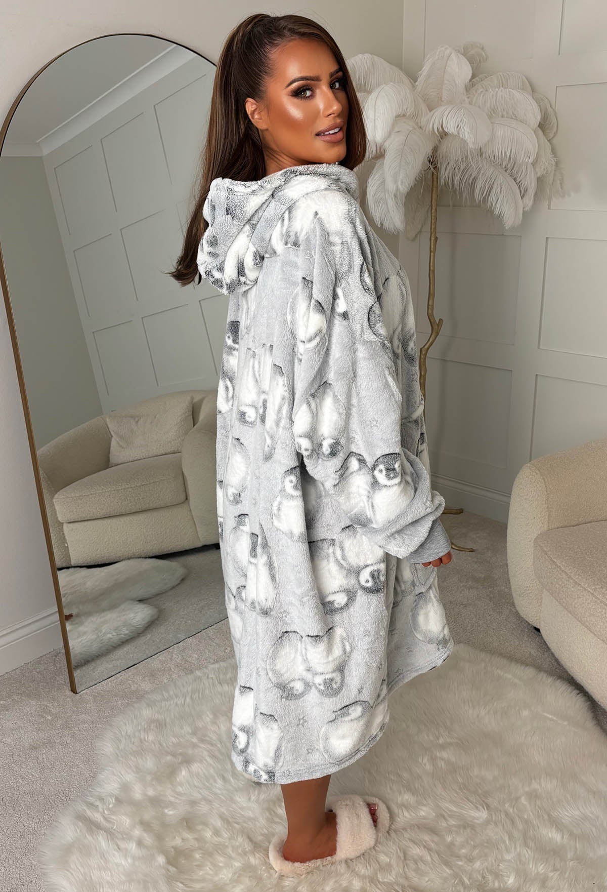 Queen Of Cozy Grey Penguin Printed Luxury Snuggle Hoodie - Image 2