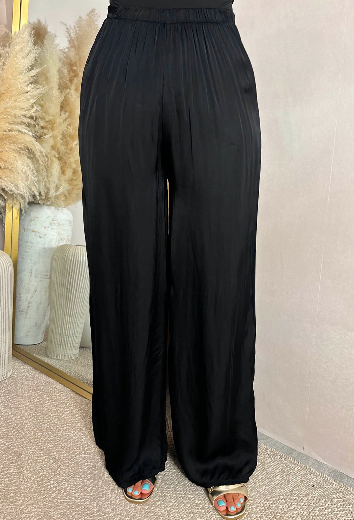 Radiant Charm Black Satin Wide Leg Elasticated Trousers - Image 3