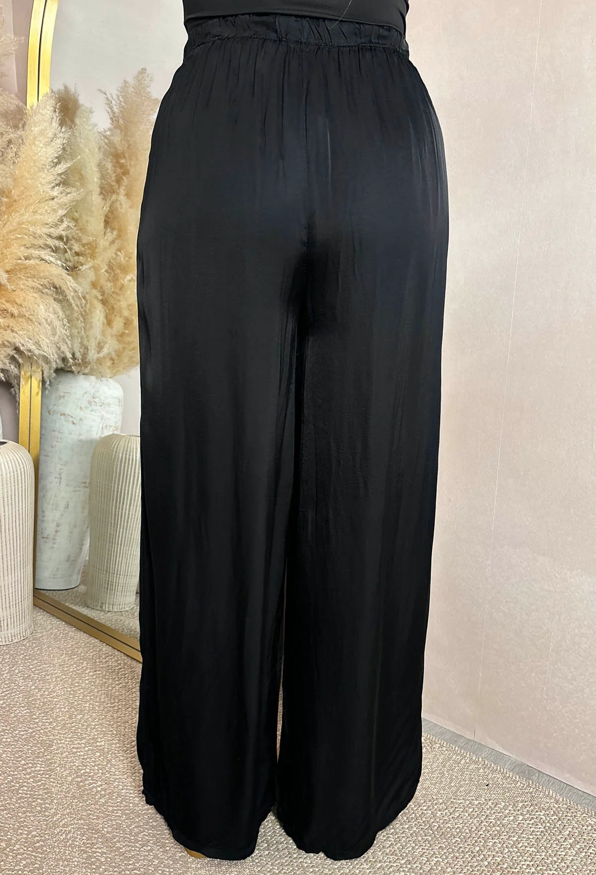 Radiant Charm Black Satin Wide Leg Elasticated Trousers - Image 5