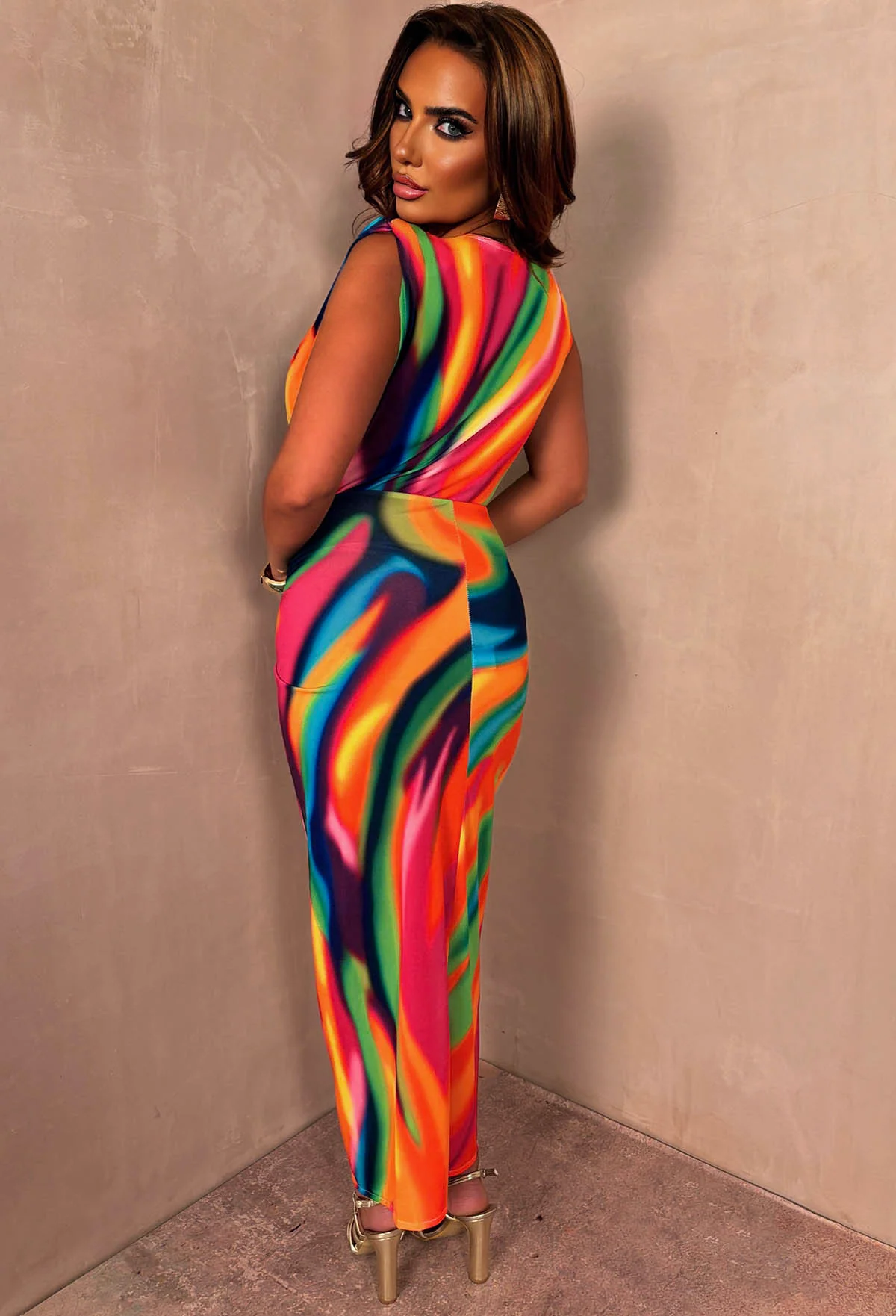 Rainbow Chic Multi Printed Stretch Sleeveless Plunge Ruched Midi Dress - Image 2