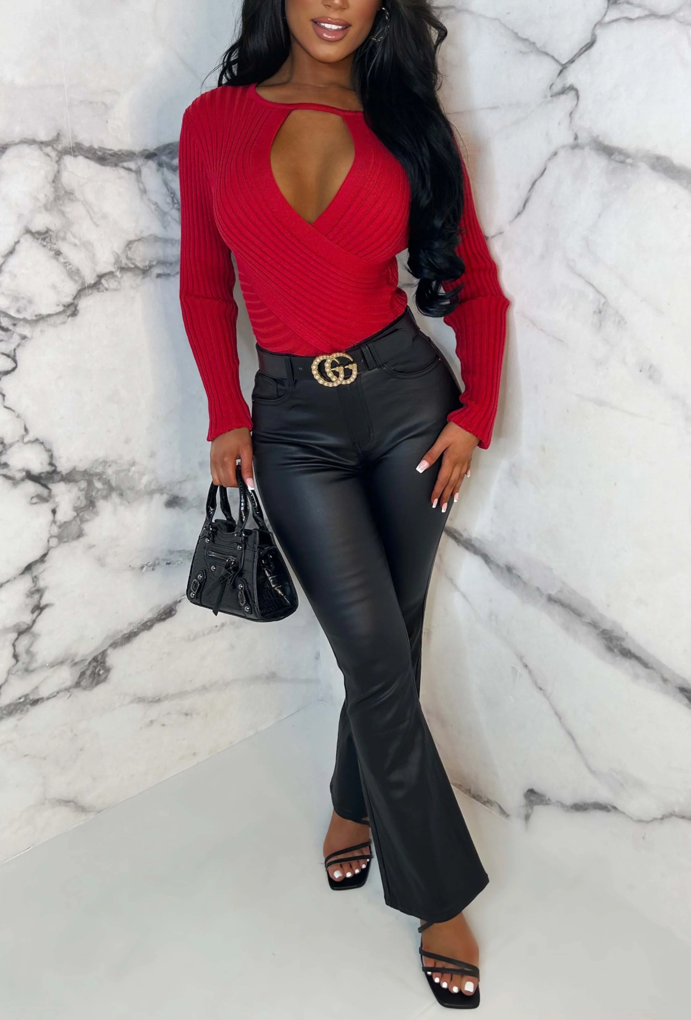 Ready & Waiting Black Stretch Flared Faux Leather Jeans - Image 4