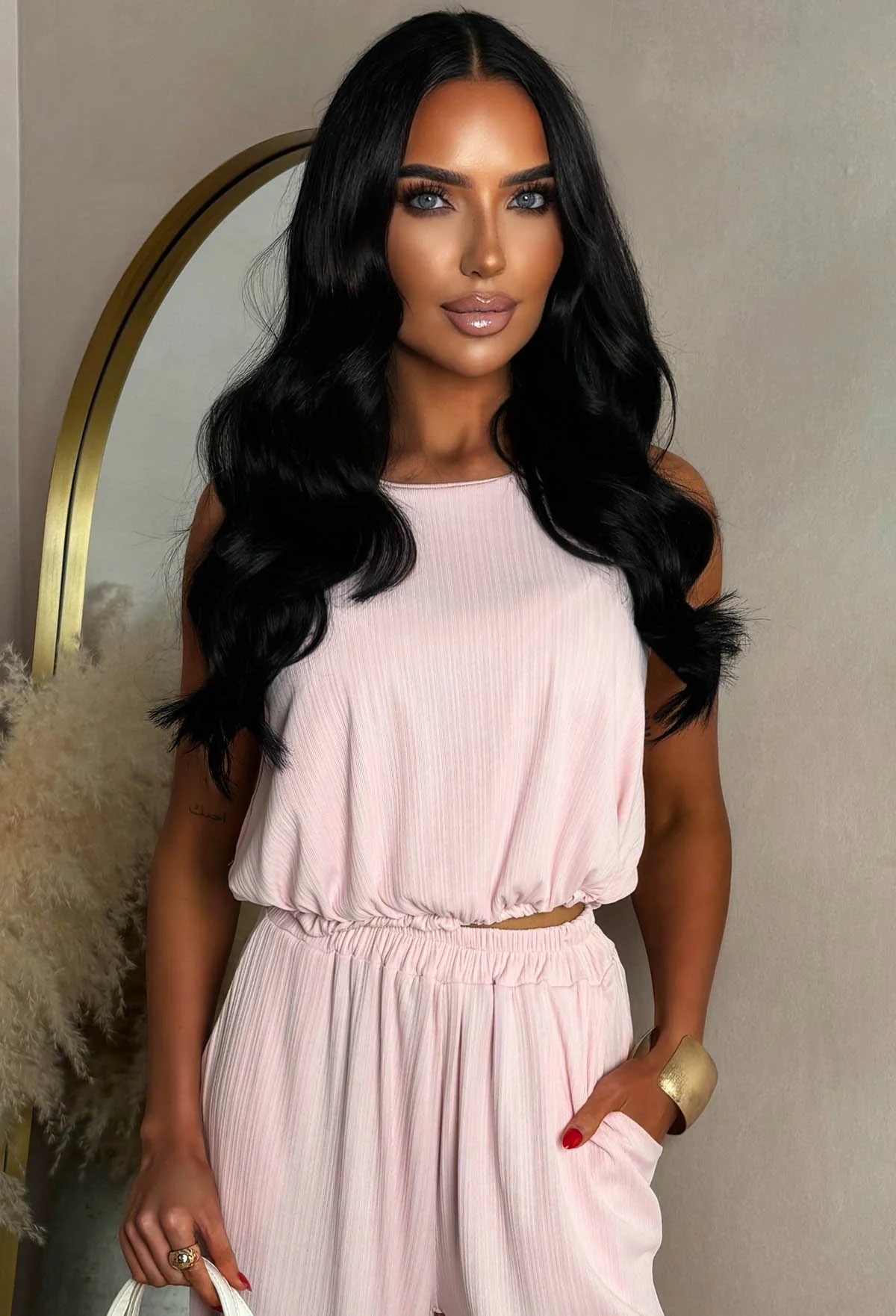 Regine Light Pink Plisse Top & Trouser Co-Ord Set - Image 4