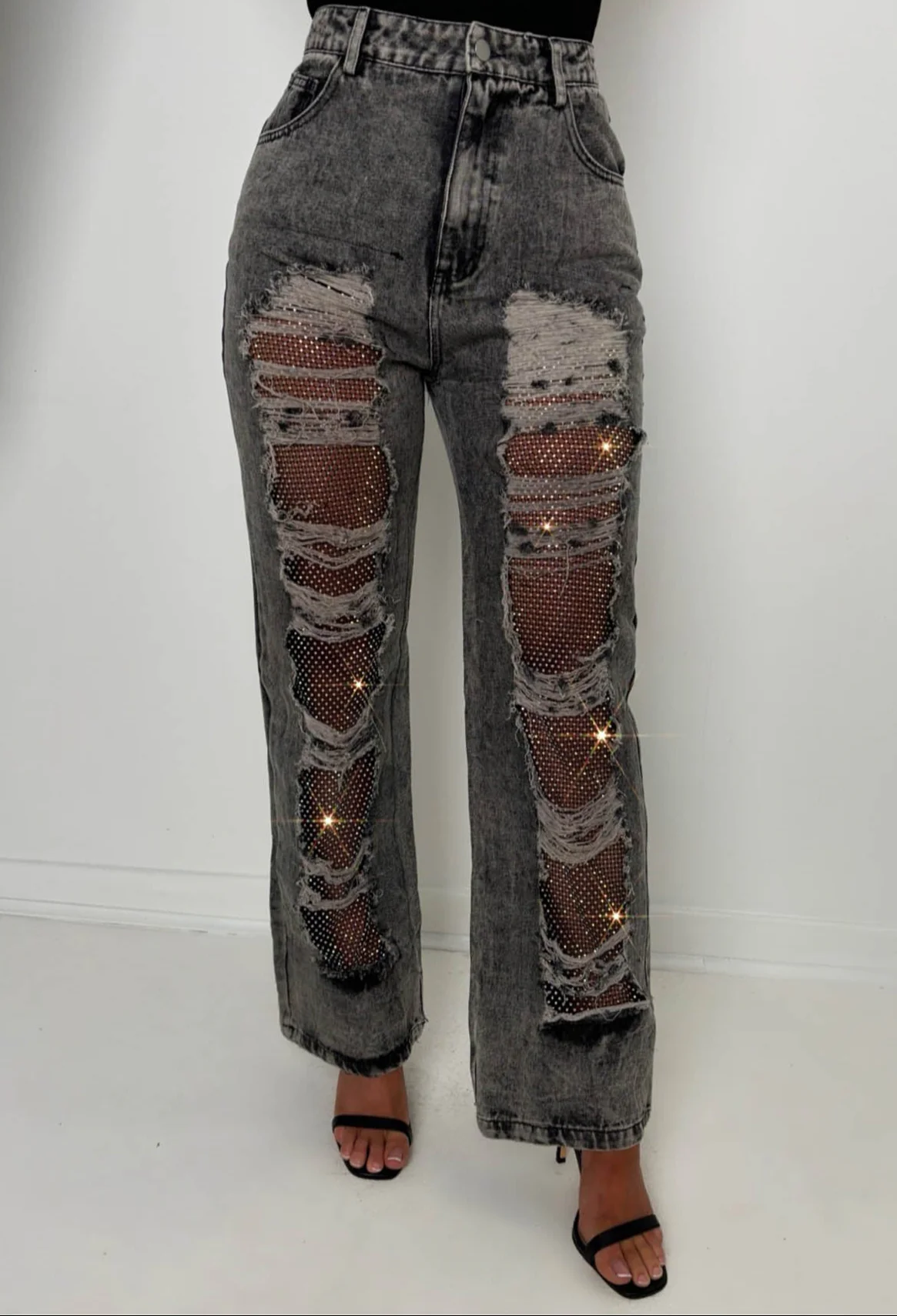 Ripped & Ready Black Ripped Jeans With Diamante Mesh - Image 4