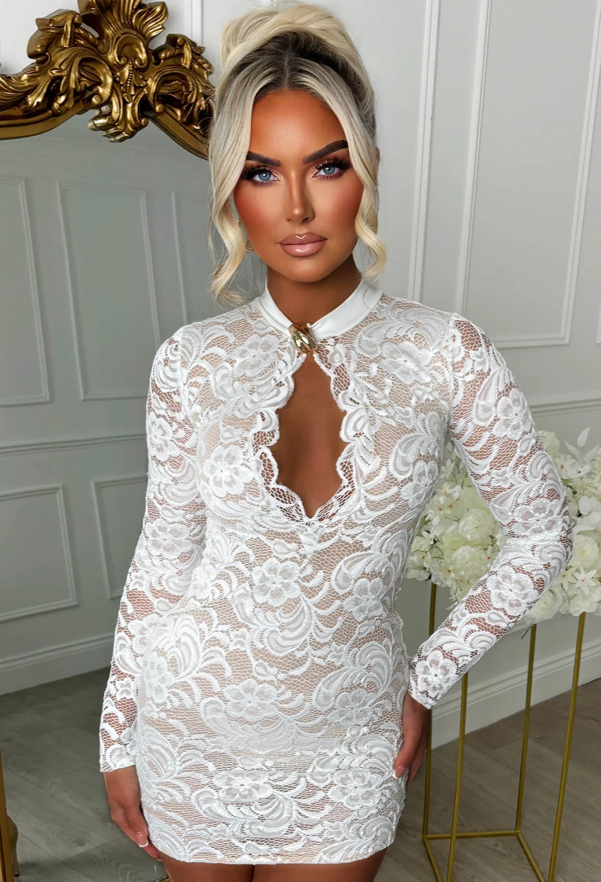 Risque Romance White Lace Buckle Front Dress - Image 3
