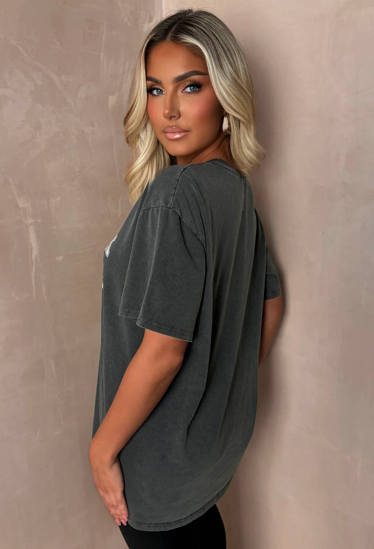 Rock Babe Grey New York Slogan Acid Wash T-Shirt - Image 3