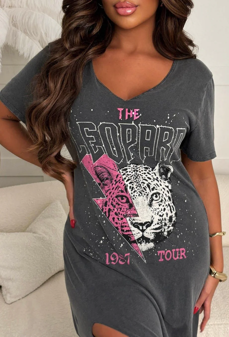 Rock N Wild Grey Longline V-Neck Jersey Acid Wash Rock T-Shirt Midi Dress - Image 3