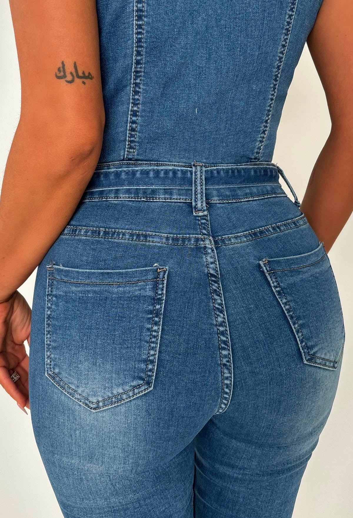Rodeo Drive Chic Mid Wash Stretch Sleeveless Denim Jumpsuit - Image 3