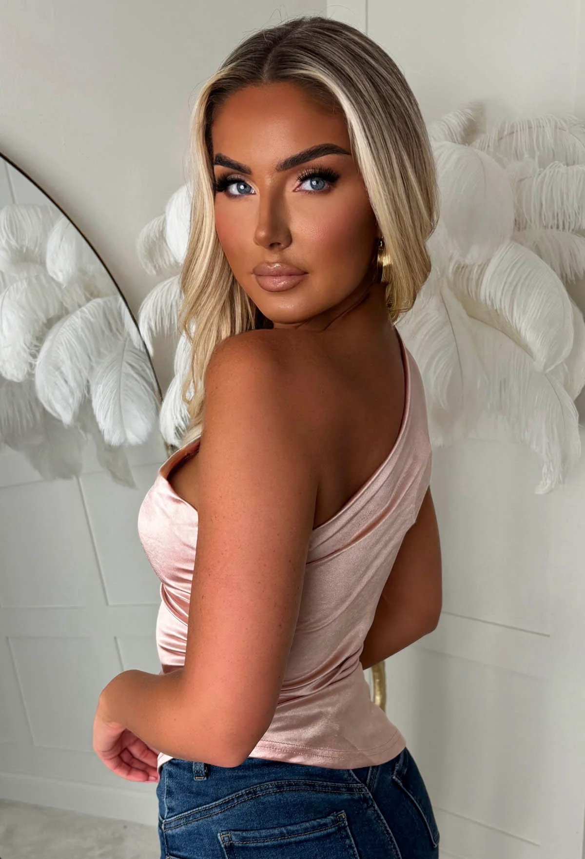 Romance Dreams Rose Gold Stretch Satin Ruched One Shoulder Top - Image 2