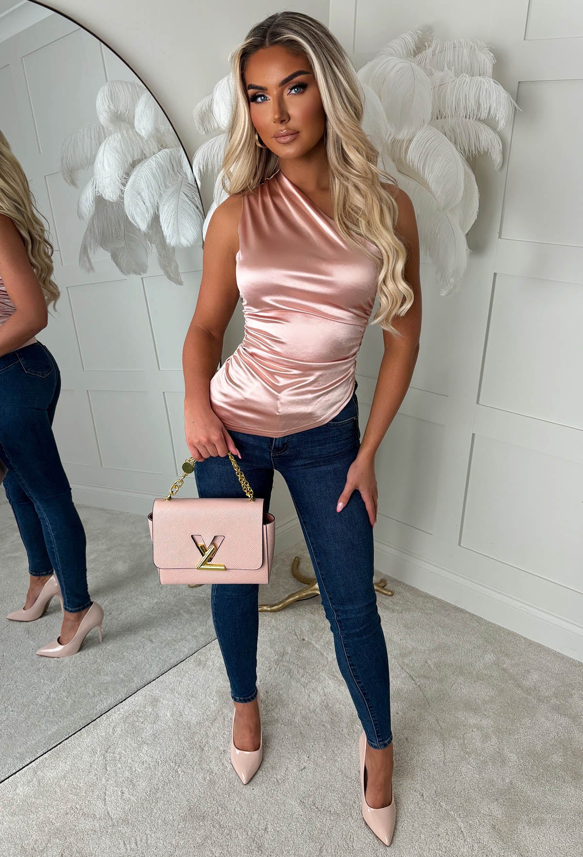 Romance Dreams Rose Gold Stretch Satin Ruched One Shoulder Top - Image 3