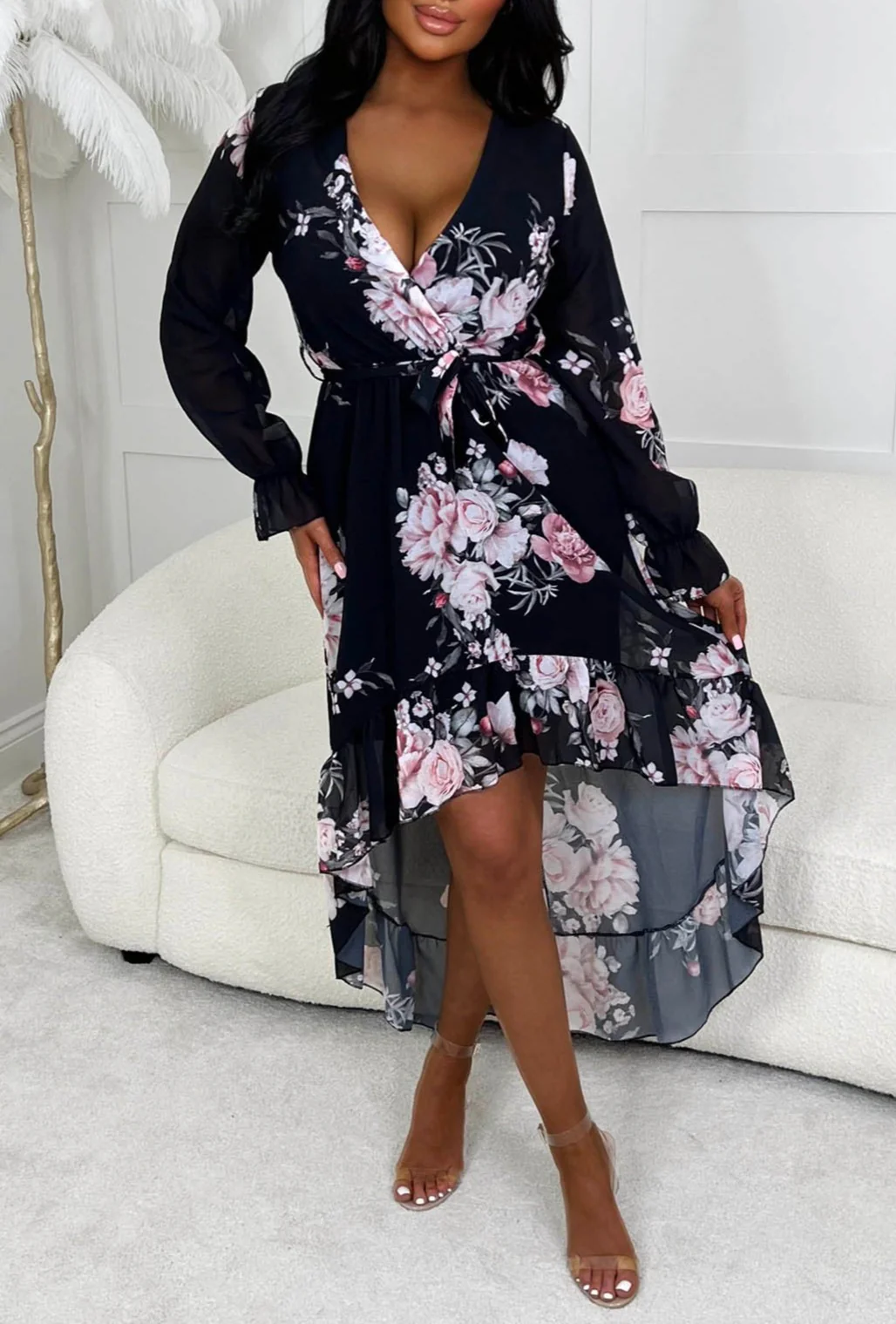 Romantic Feeling Black Chiffon Floral Waterfall Hem Maxi Dress - Image 3