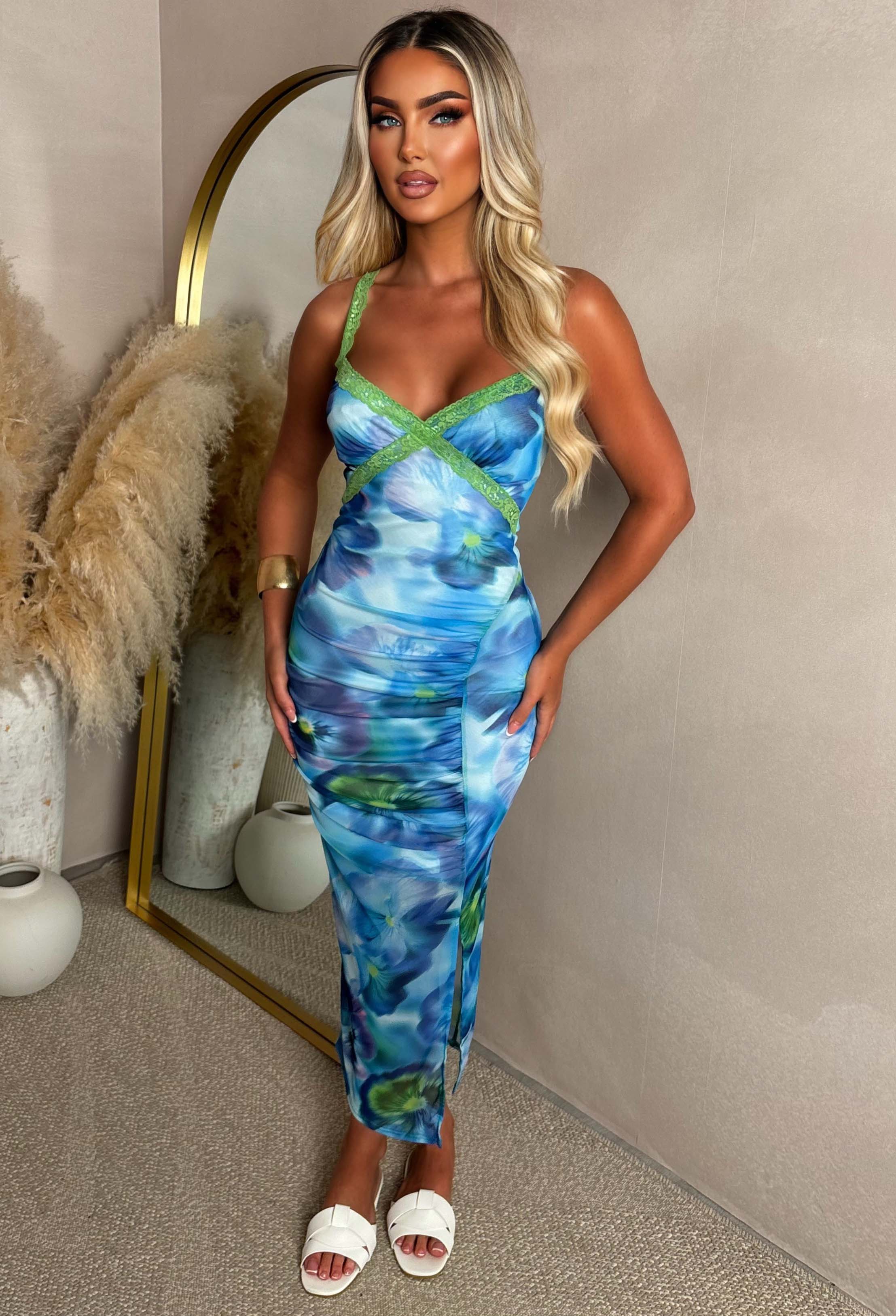 Romantic Lux Blue Abstract Flower Midi Dress