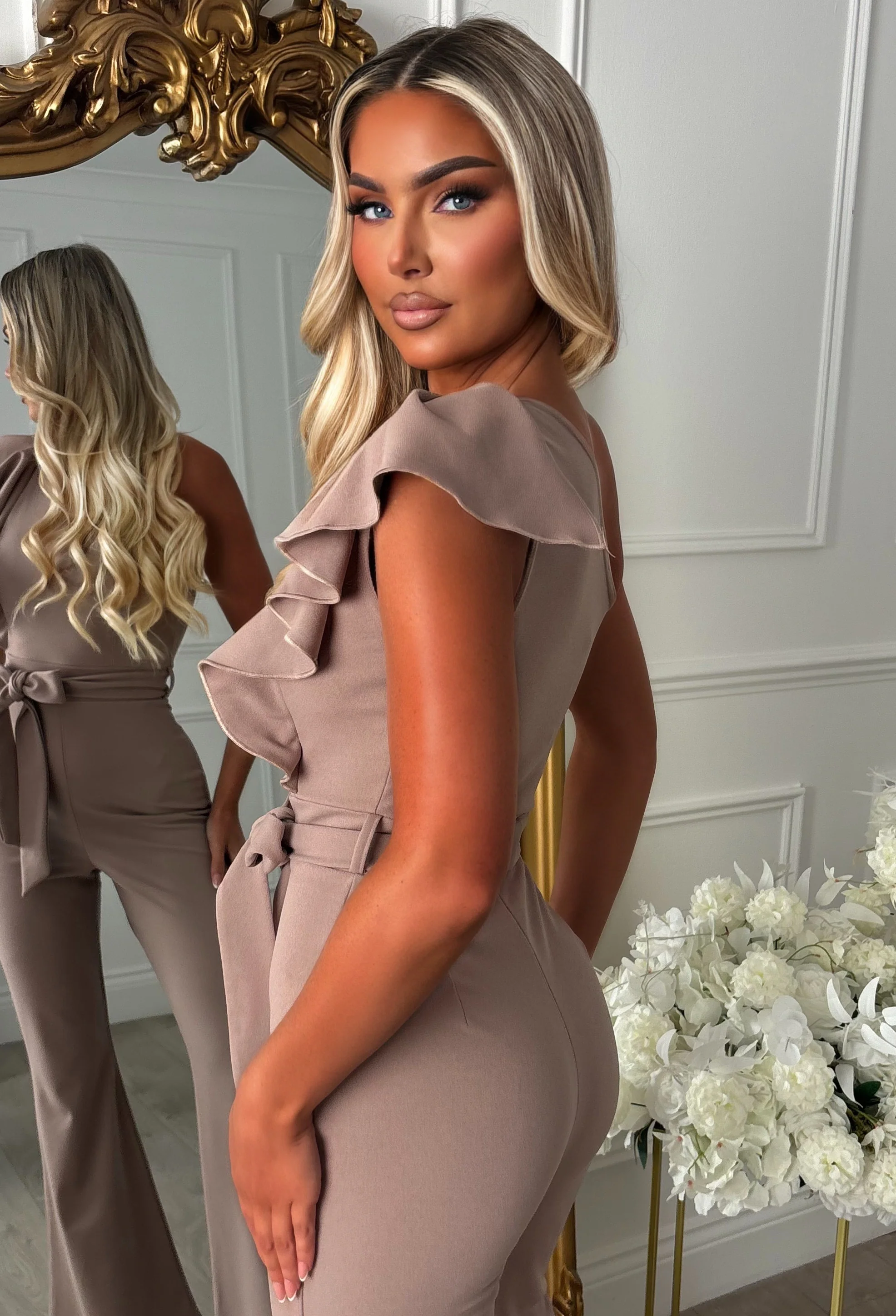 Rosabella Taupe One Shoulder Frill Front Jumpsuit - Image 3