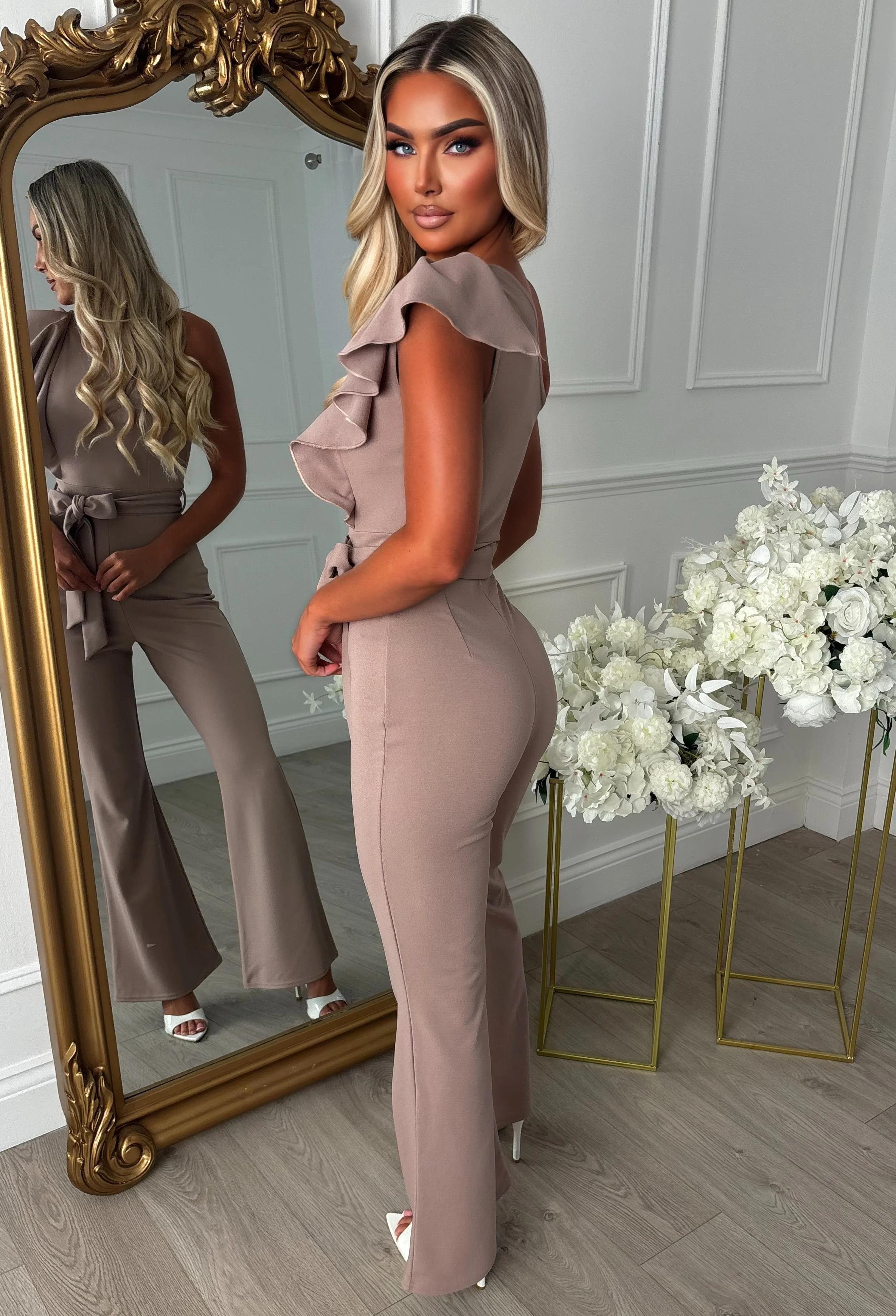 Rosabella Taupe One Shoulder Frill Front Jumpsuit - Image 4