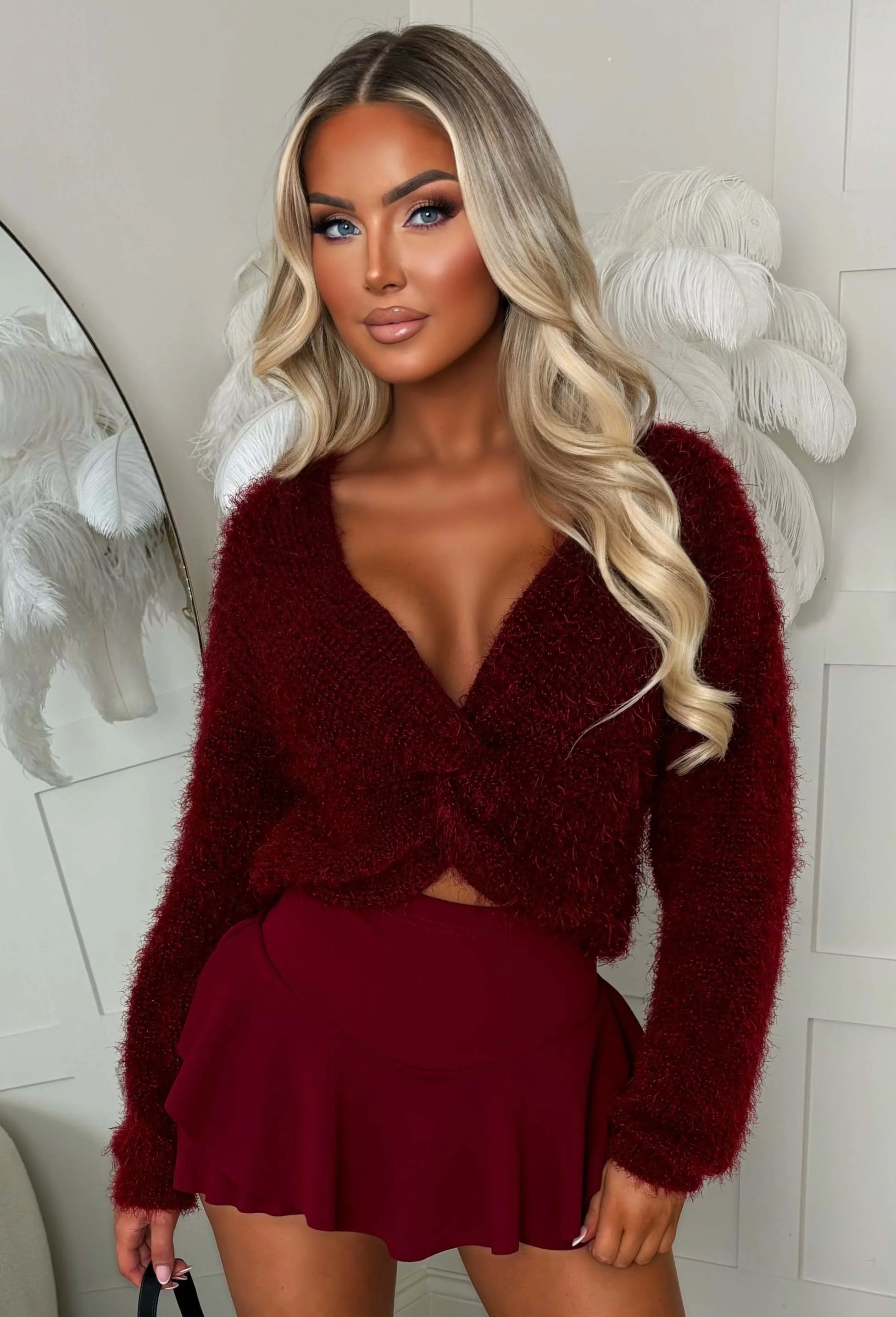 Rose Envy Burgundy Fluffy Knot Detail Knitted Jumper