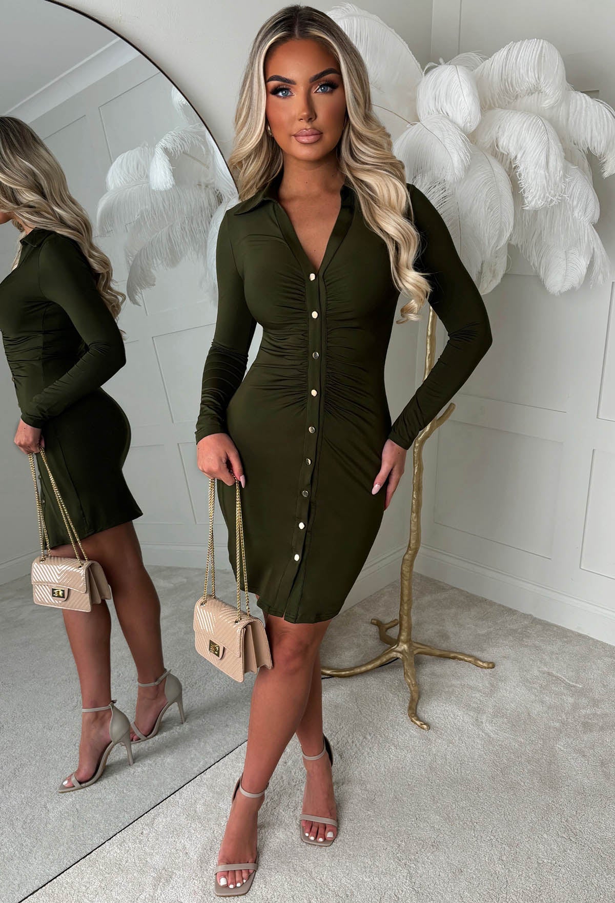 Ruched Forever Khaki Ruched Front Shirt Dress - Image 2