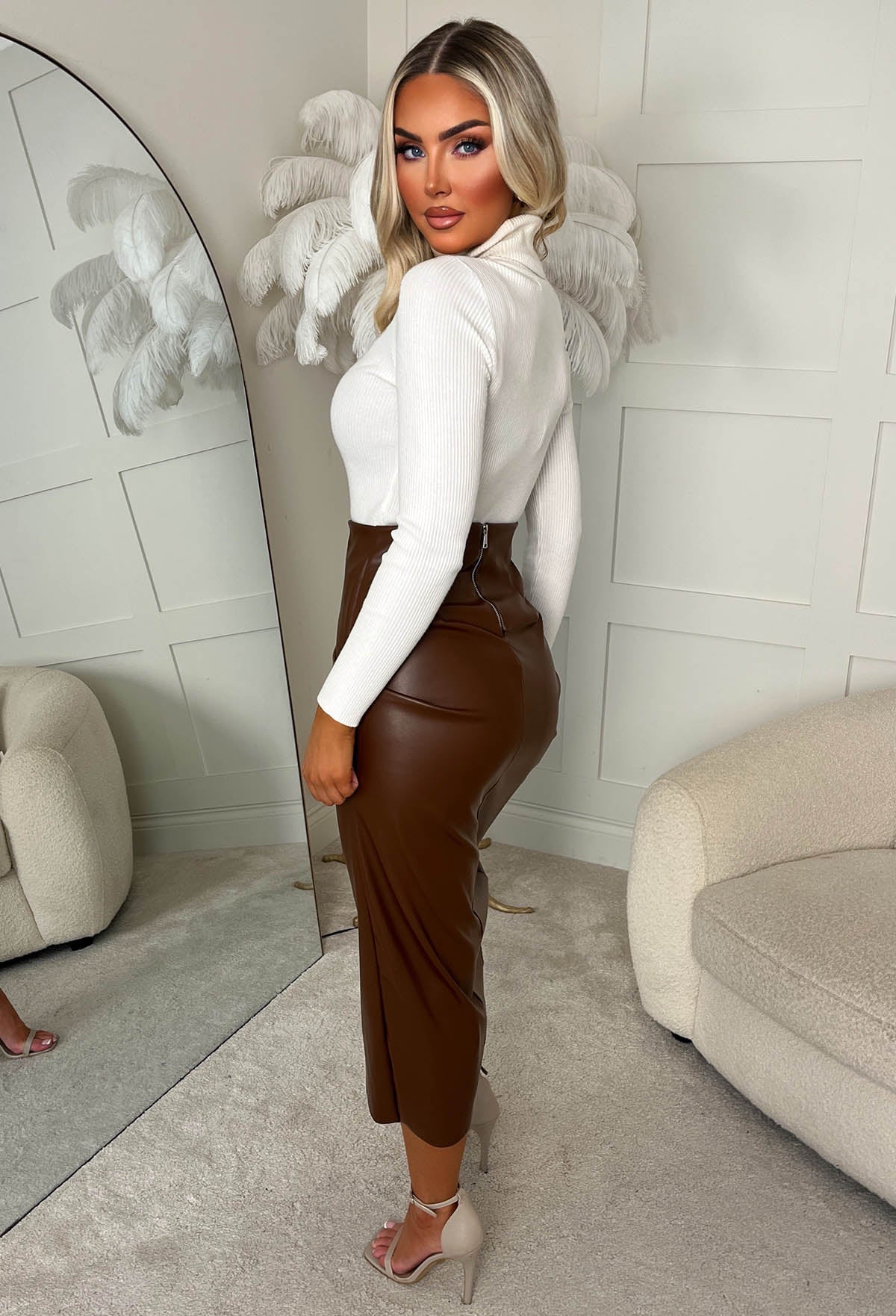 Ruched Romantic Chocolate Brown Ruched Detail Faux Leather Midi Skirt - Image 2