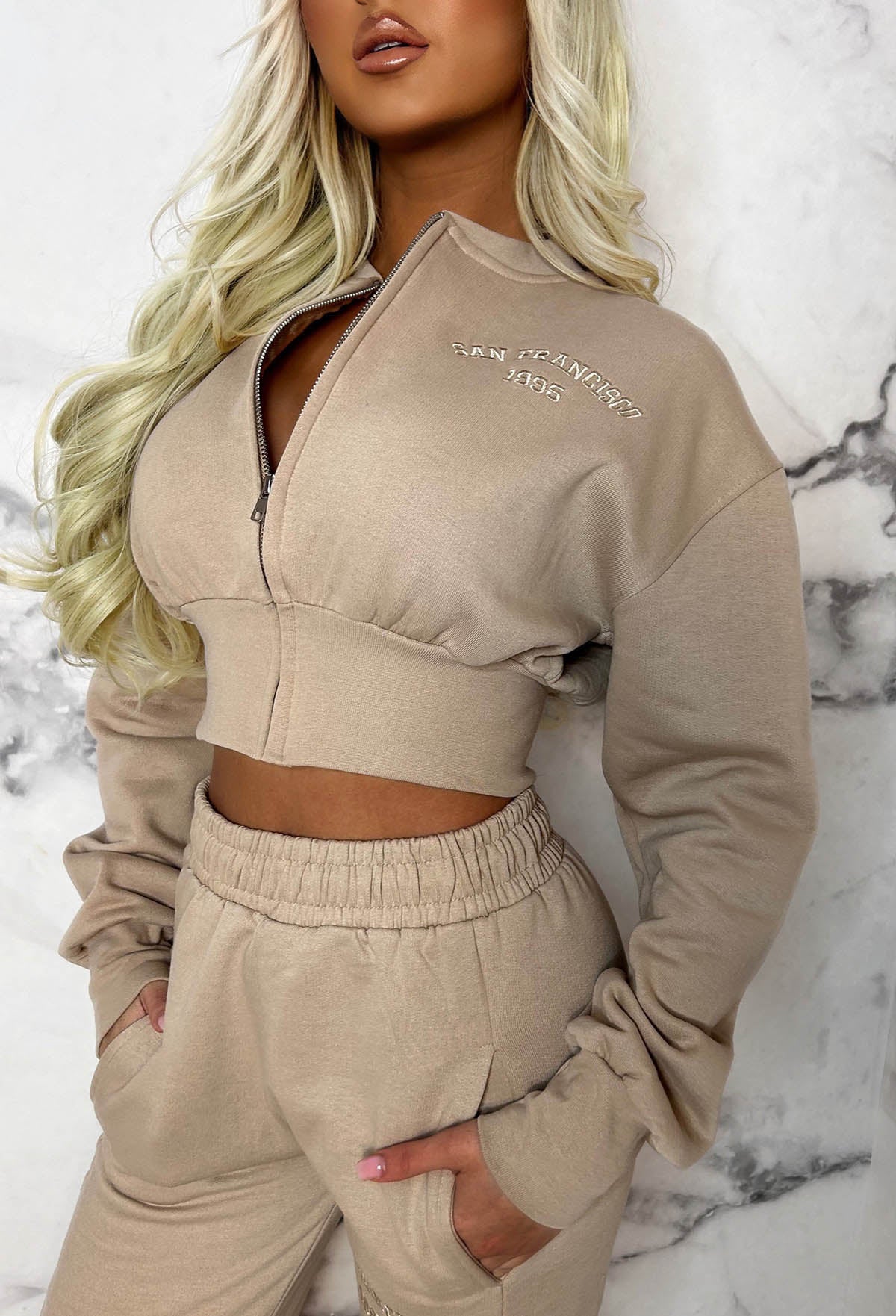 San Fran Dreaming Beige Embroided Cropped Baseball Collar Two Piece Loungewear Set - Image 2