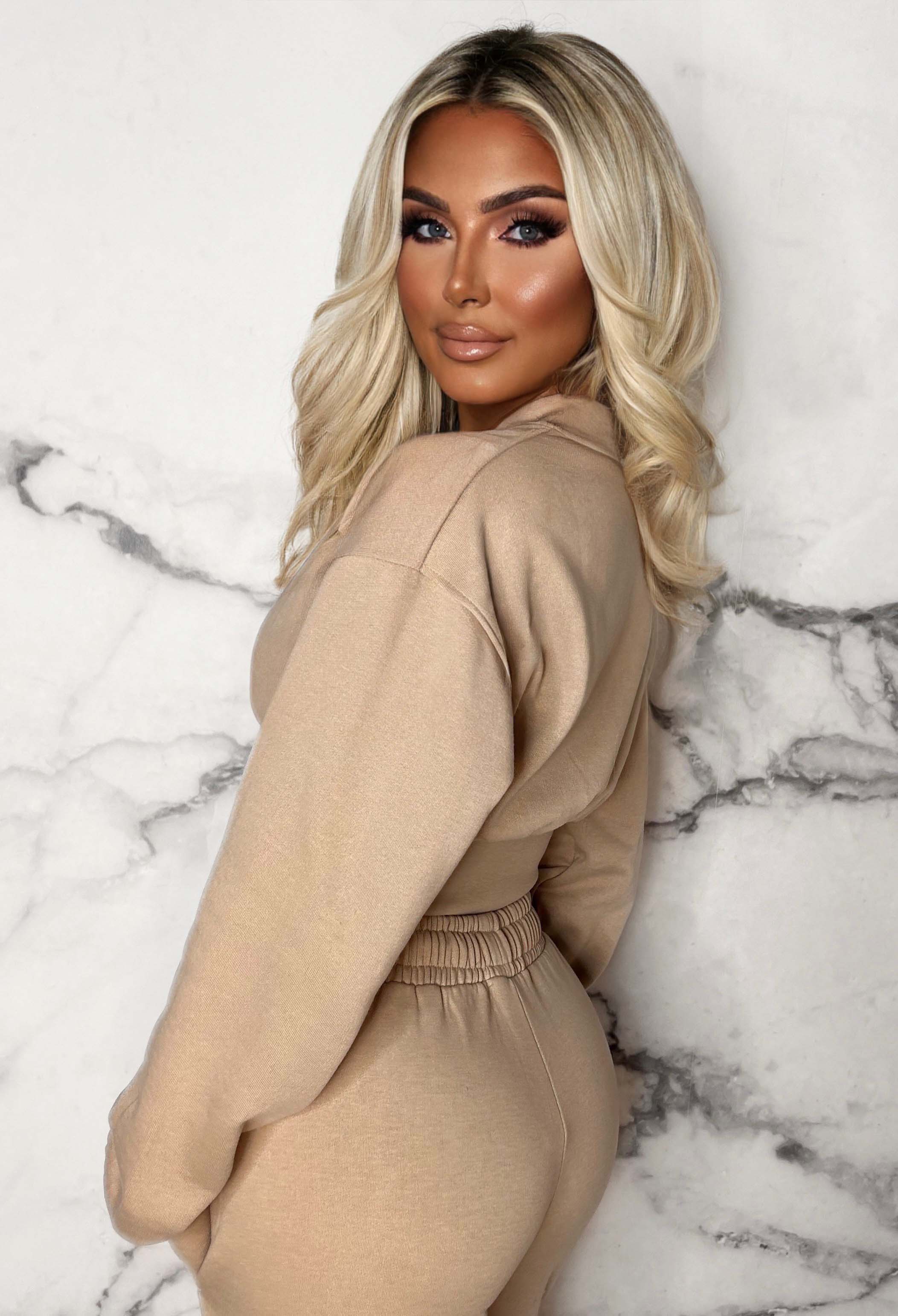 San Fran Dreaming Beige Embroided Cropped Baseball Collar Two Piece Loungewear Set - Image 3