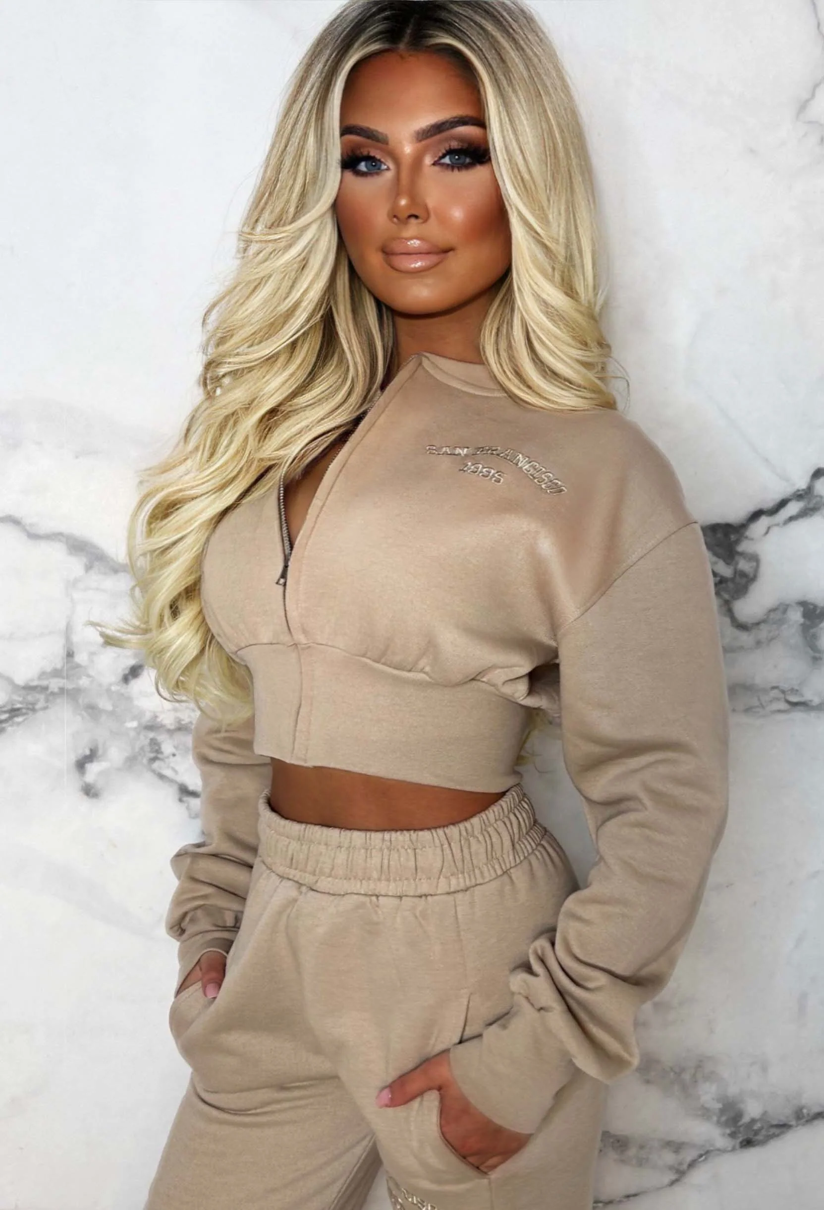 San Fran Dreaming Beige Embroided Cropped Baseball Collar Two Piece Loungewear Set - Image 4