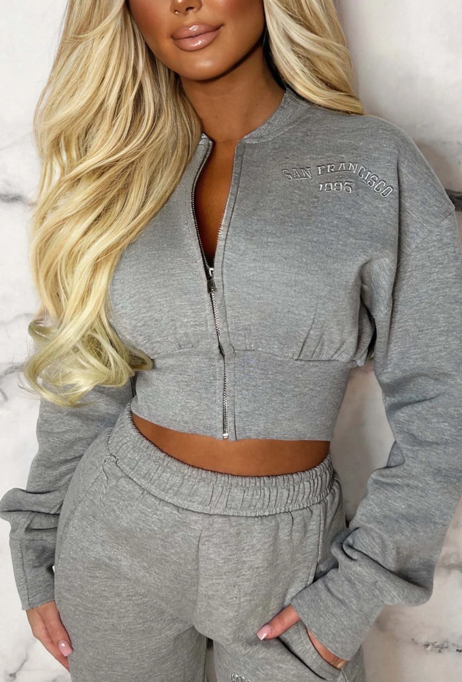 San Fran Dreaming Grey Marl Embroided Cropped Baseball Collar Two Piece Loungewear - Image 5