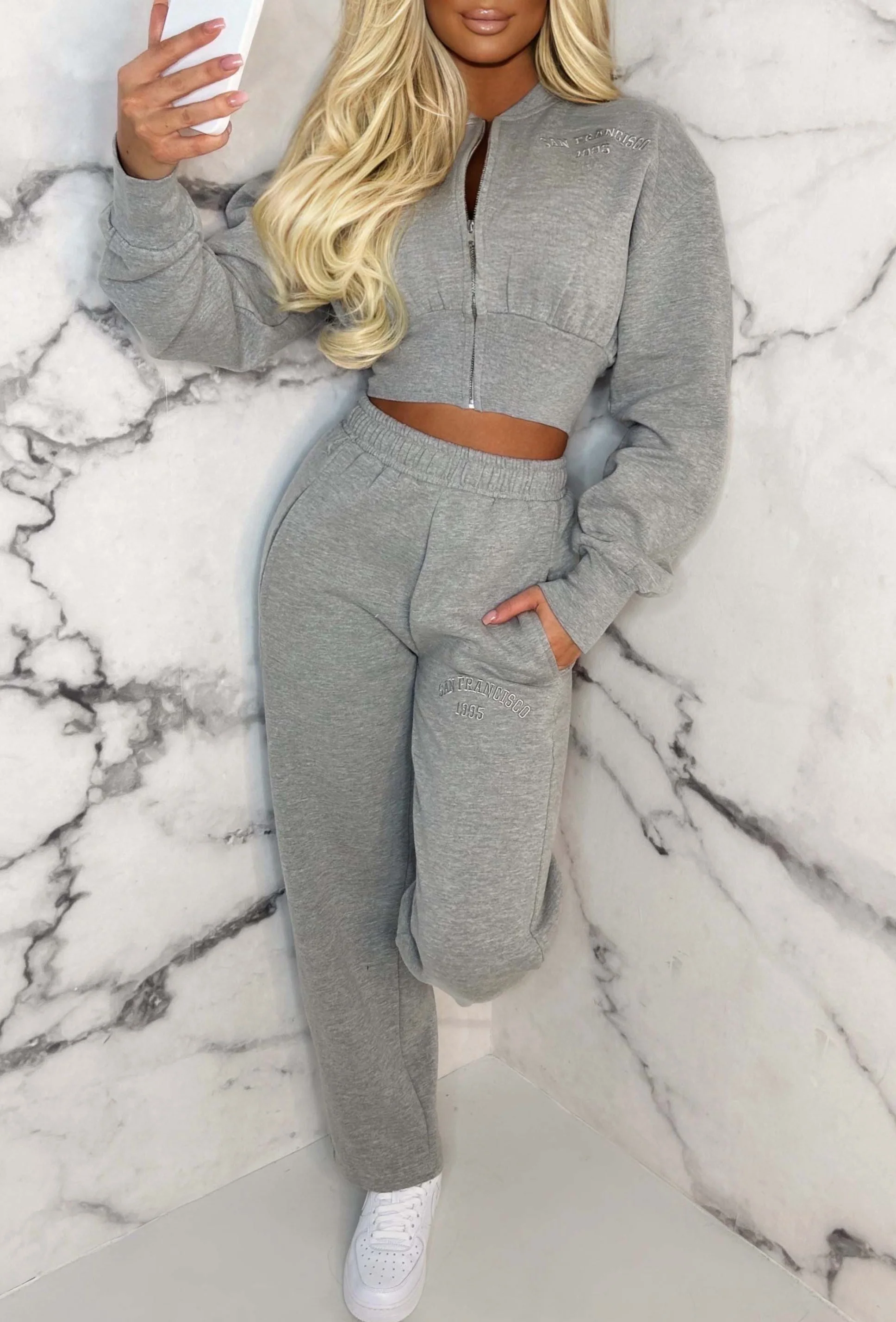 San Fran Dreaming Grey Marl Embroided Cropped Baseball Collar Two Piece Loungewear - Image 6