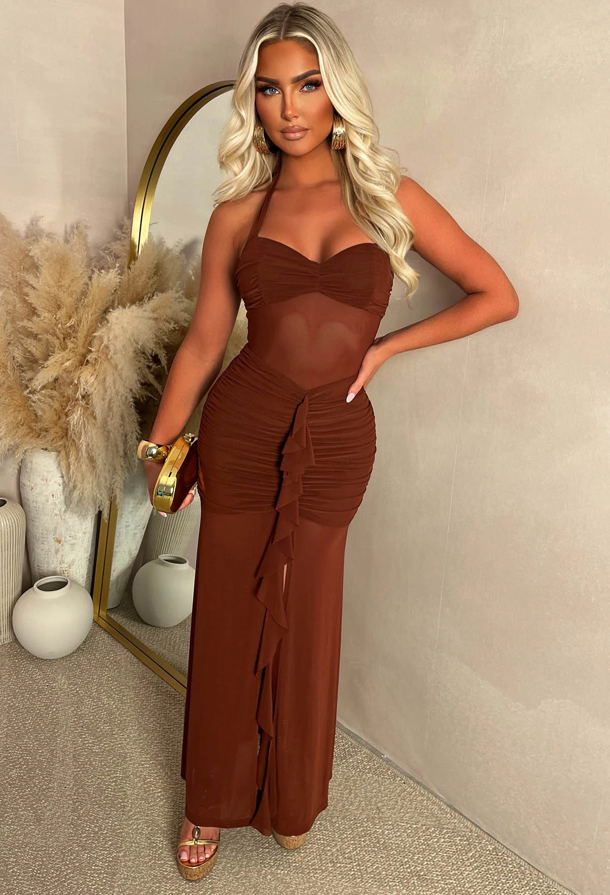 Santorini Seduction Brown Gathered Front Halter Maxi Dress