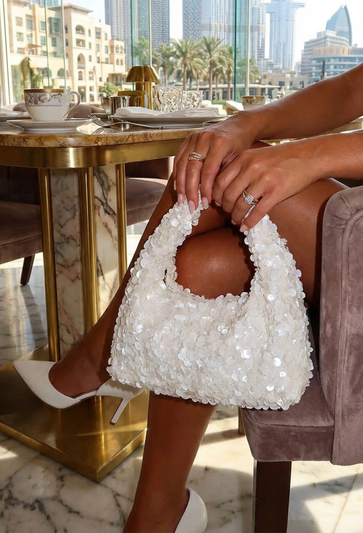 Santorini Shimmer White Sequin Handbag - Image 2