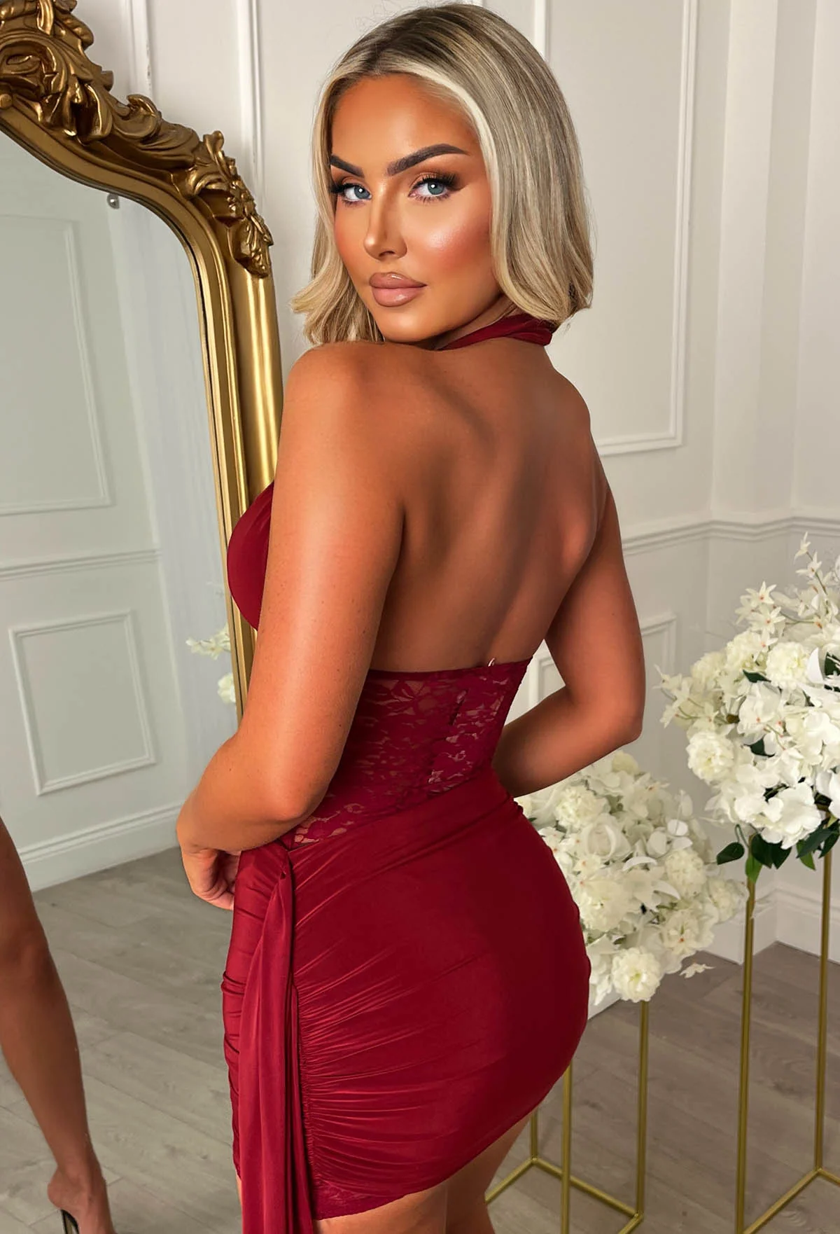 Sassy & Fierce Burgundy Lace Waist Halter Mini Dress With Sash - Image 5