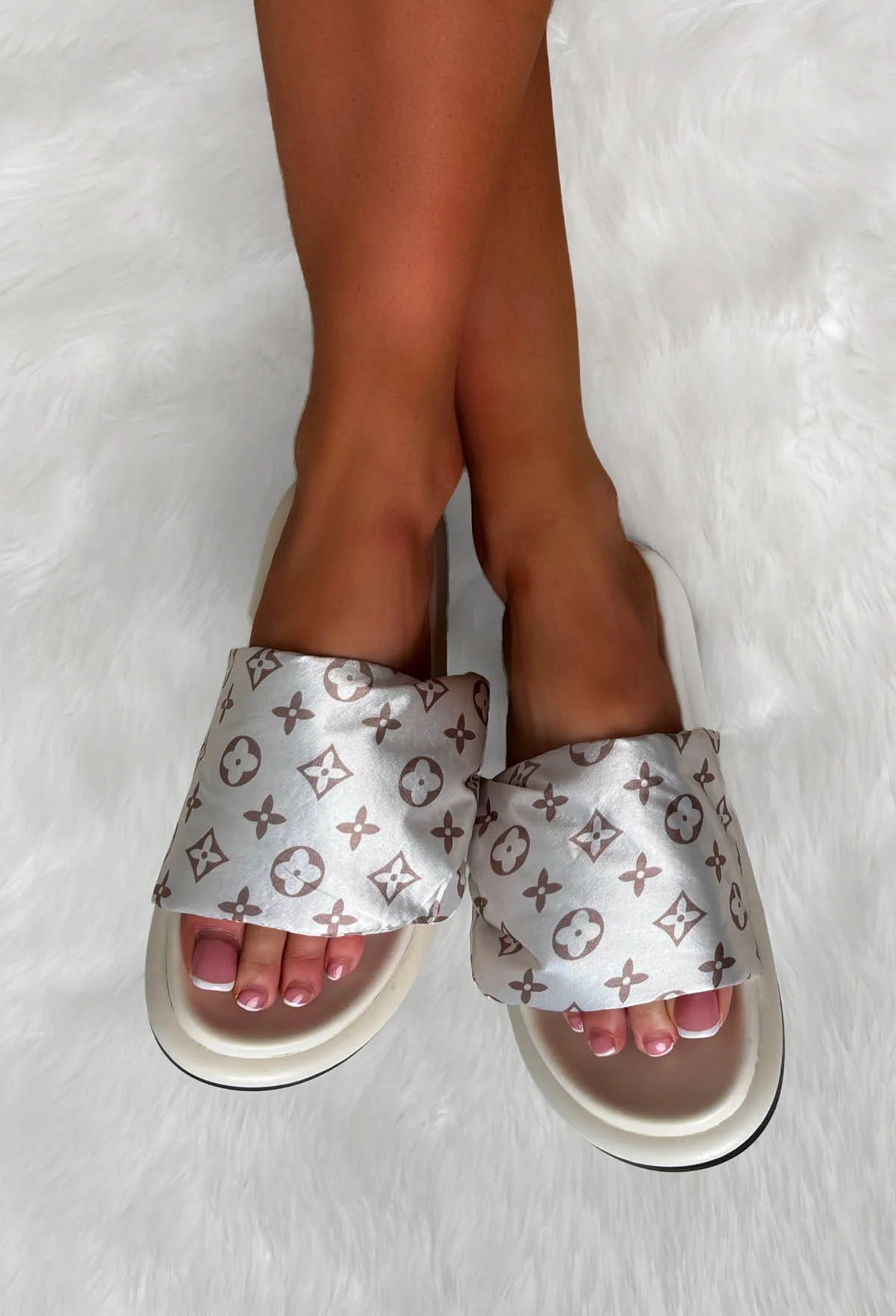 Sassy Satin Cream Printed Satin Sliders - Image 4