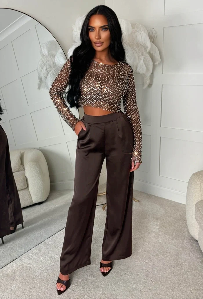 Satin Days Brown Satin Elasticated Wide Leg Trousers - Image 2