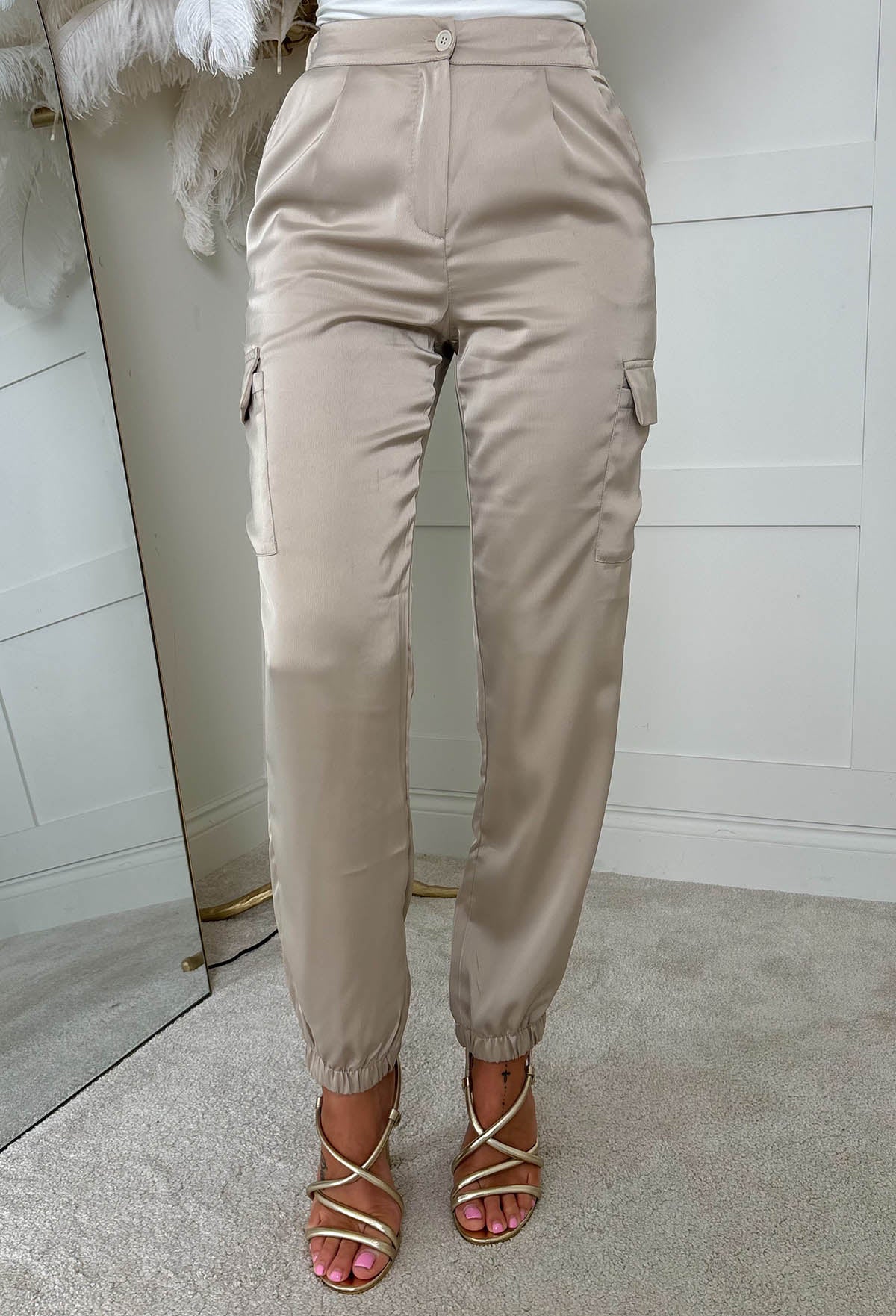 Satin Night Champagne Satin Elasticated Cargo Trousers - Image 3