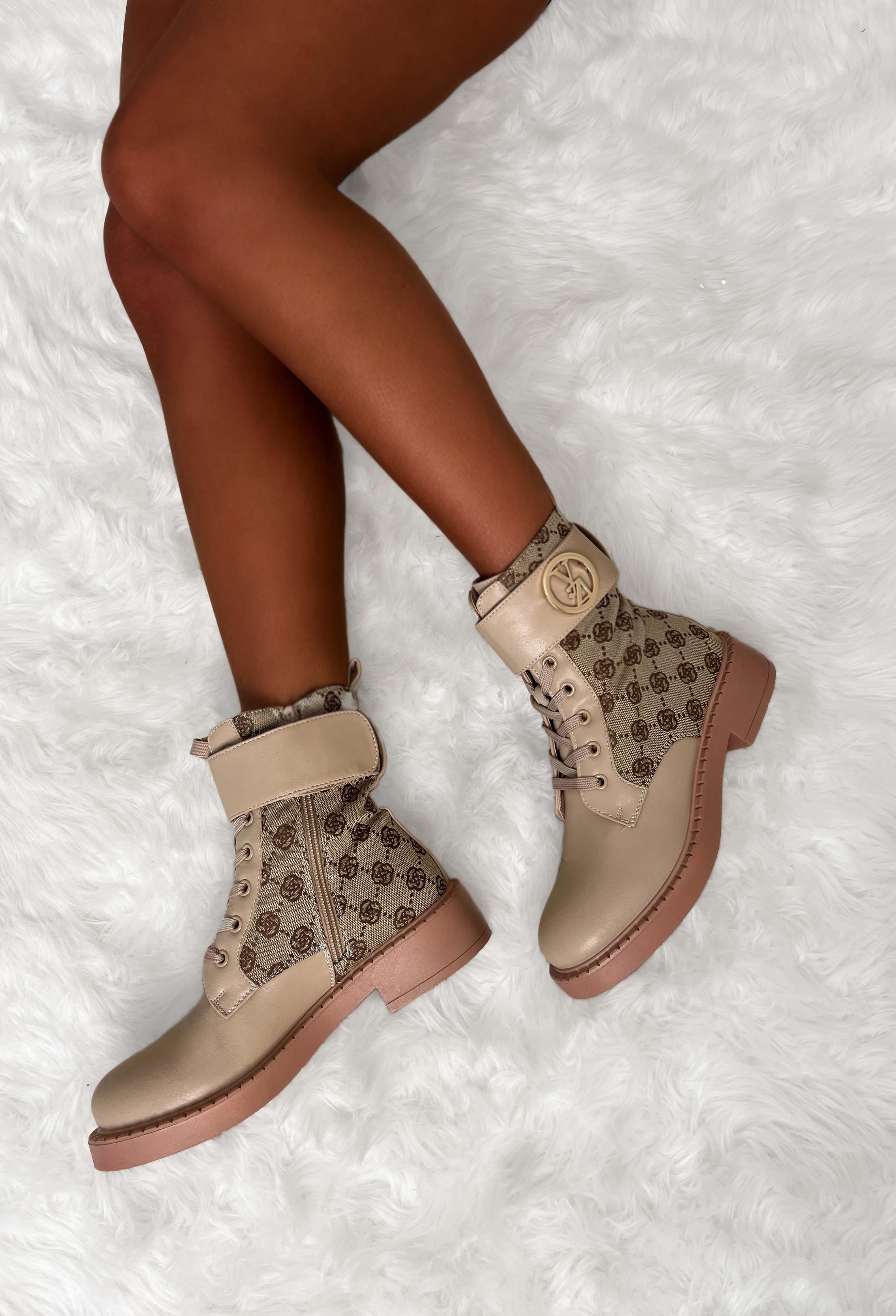 Secret Illusion Beige Buckle Strap Lace Up Printed Boots - Image 2