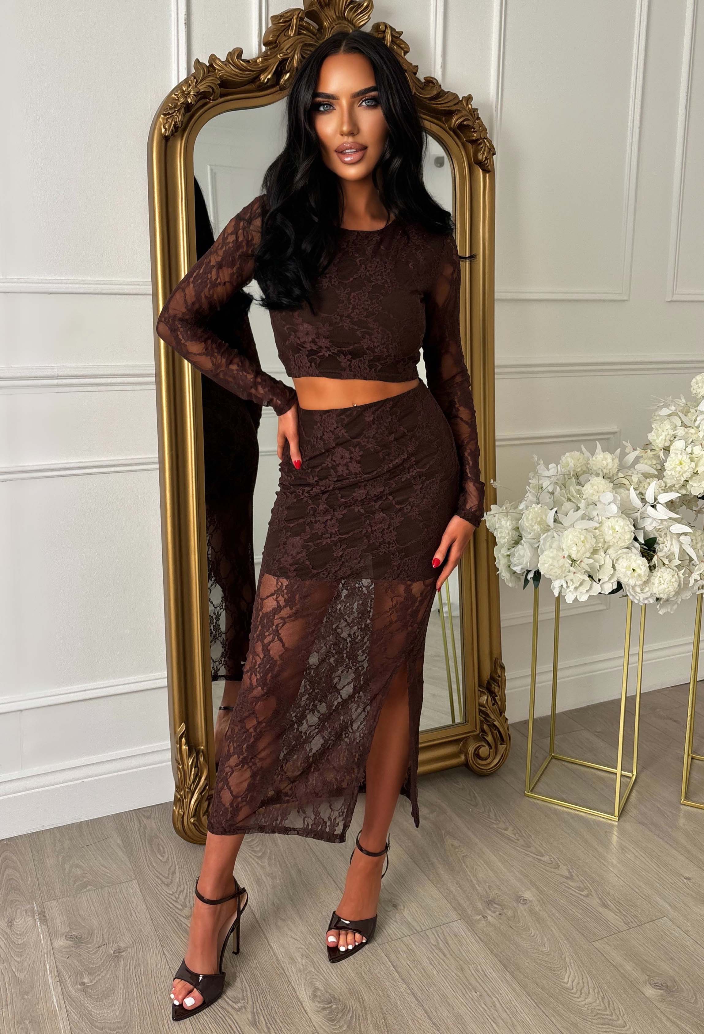 Secrets Exposed Brown Lace Midi Skirt Co-ord Set - Image 2